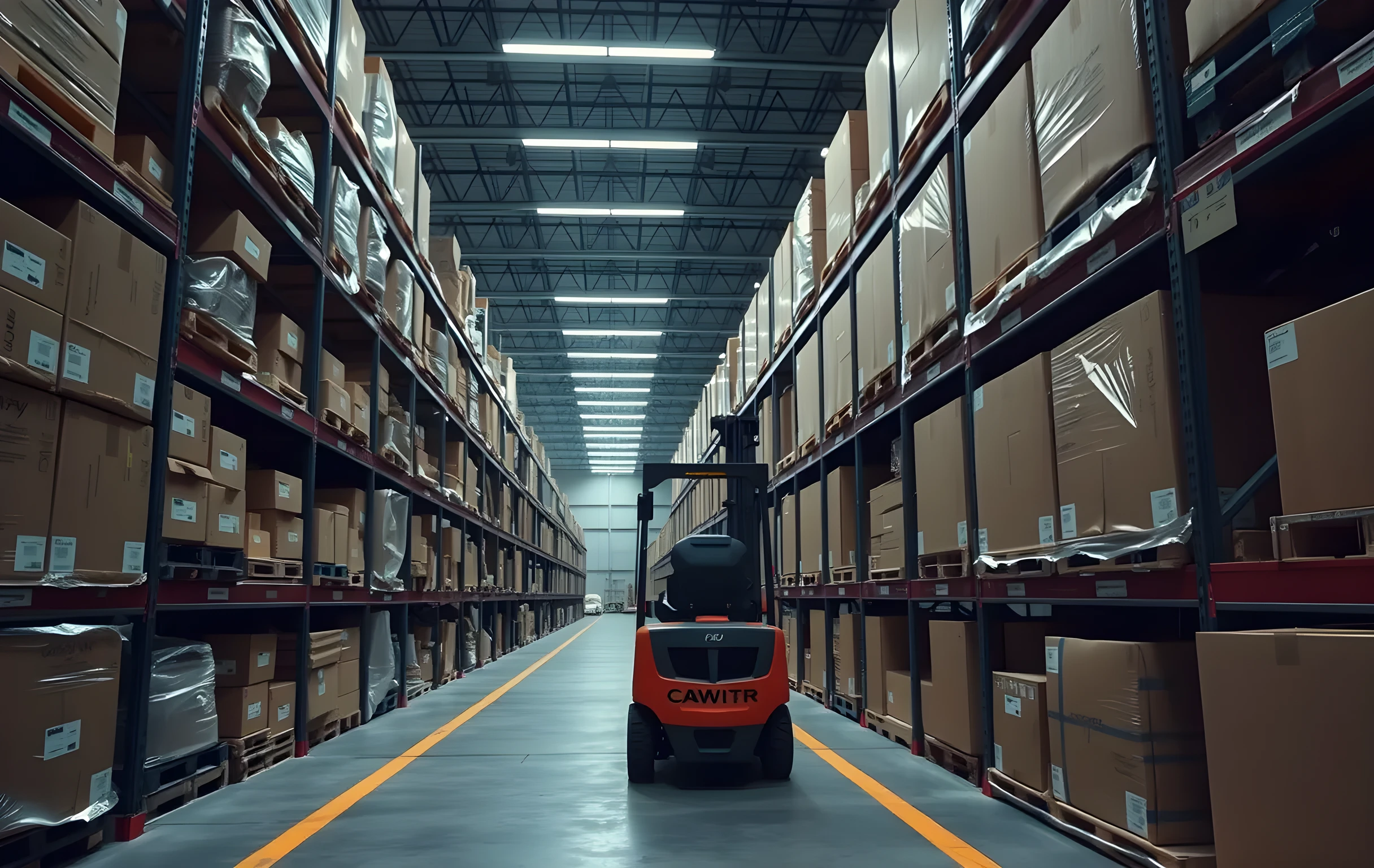 A wide-angle view of a long warehouse aisle lined with tall metal shelving units stacked floor-to-ceiling with shrink-wrapped product boxes in varying sizes and muted colors, corrugated cardboard and poly-bag packaging visible on every shelf level, industrial LED strip lights running along the ceiling casting even cool-white light down the corridor, a forklift parked far down the aisle at the vanishing point, concrete floor with painted yellow safety lines, no people visible, the depth of the aisle creating strong converging perspective lines
