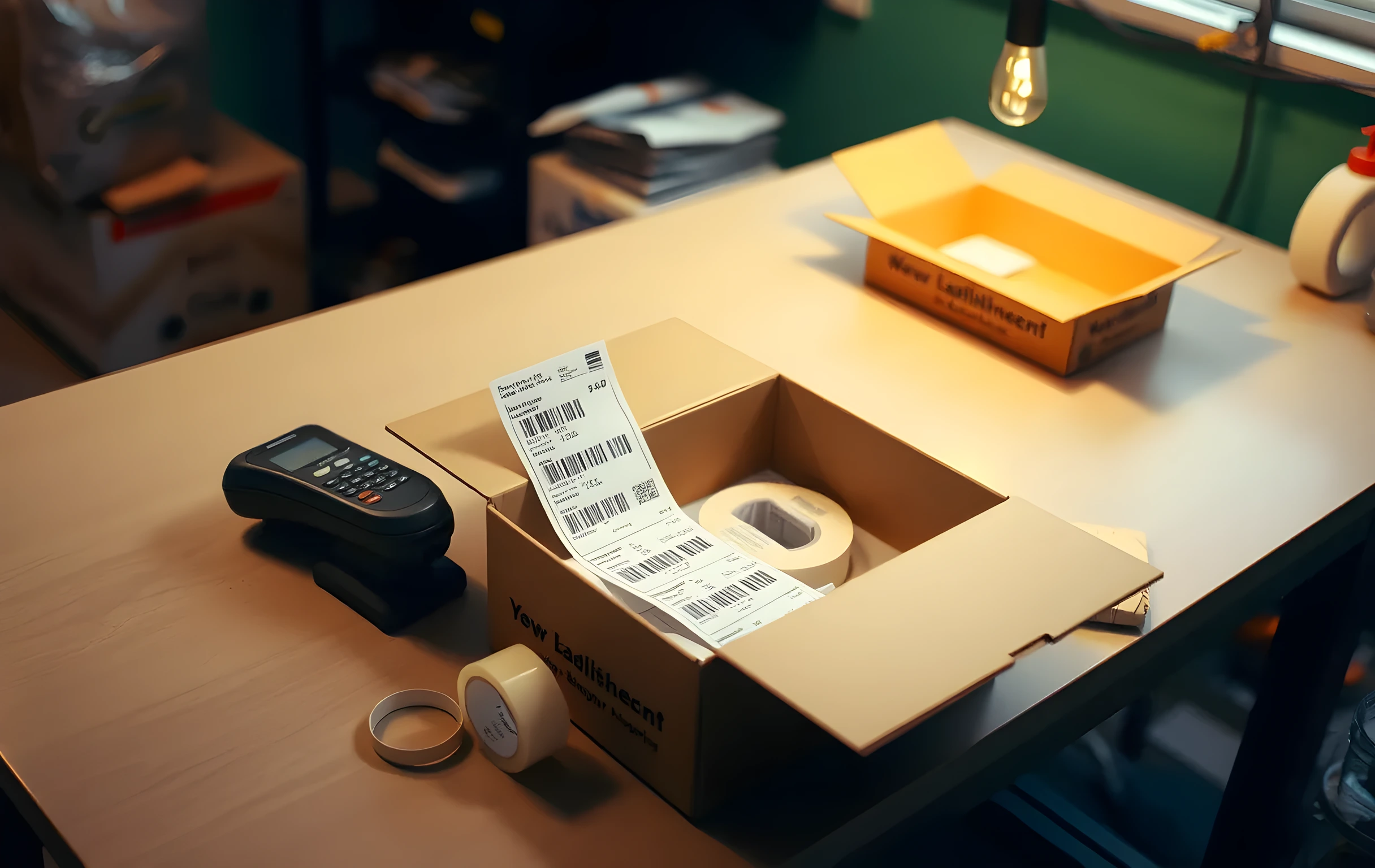 A close view of a packing station bench where a half-assembled product box sits open beside a small stack of printed barcode labels and a roll of kraft shipping tape, a handheld barcode scanner rests in its cradle to one side, a few loose rubber bands and a pair of cutters are scattered near the edge of the laminate countertop, warm task-light glow from above illuminating the work surface, background softly blurred showing the green-painted wall of a small fulfillment room, no people, no text visible on any label or box