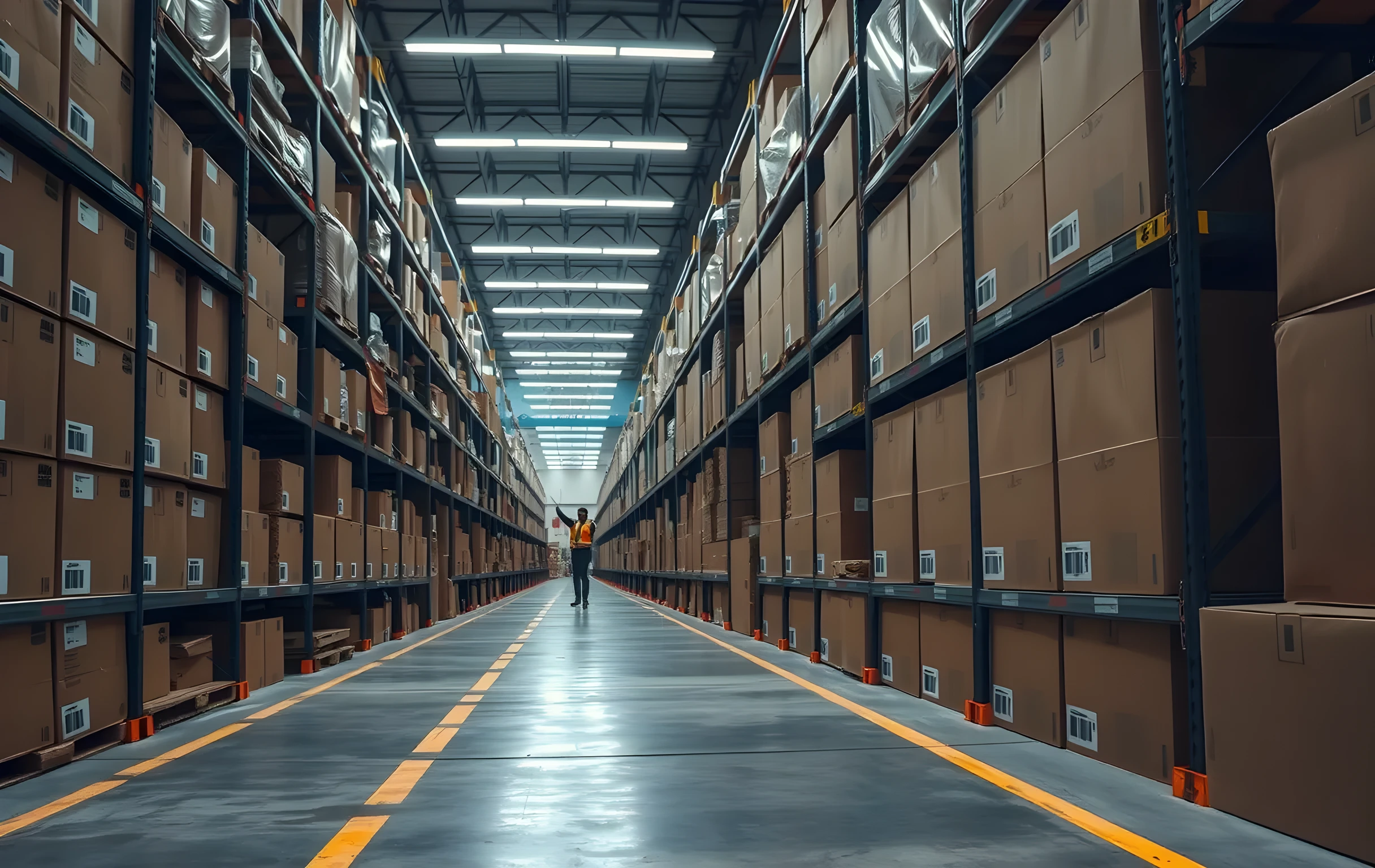 A wide-angle view down a long industrial warehouse aisle lined with tall steel shelving units stacked floor-to-ceiling with uniformly sized cardboard boxes in muted browns and grays, some boxes showing small rectangular adhesive labels and black-and-white striped barcode patterns on their sides. Fluorescent tube lighting casts even cool white light across polished concrete flooring with faded yellow safety-line paint. A single worker in a hi-vis vest is visible in the far distance at the end of the aisle, reaching toward an upper shelf slot. The perspective is from mid-aisle looking down its full length, emphasizing depth and scale