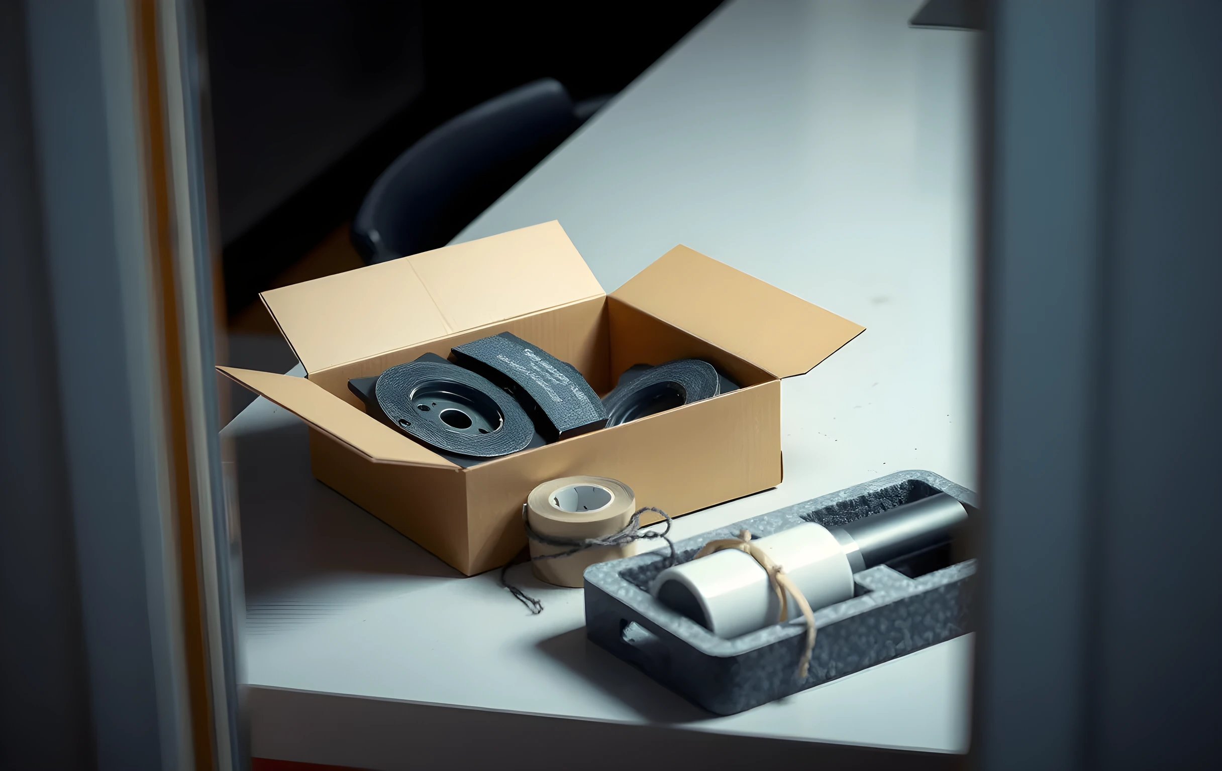 A medium-distance shot of a packing station work surface: a small open cardboard shipping box containing a pair of dark gray metallic brake pad assemblies with visible friction material surfaces, a coiled rubber gasket kit held together by a twist tie resting beside the box, a roll of brown kraft paper packing tape on its dispenser base, and a small flat foam insert shaped to cradle a cylindrical oil filter. The work surface is a light gray laminate counter with faint scuff marks. Soft overhead workshop lighting. No people visible, no readable text anywhere in the frame