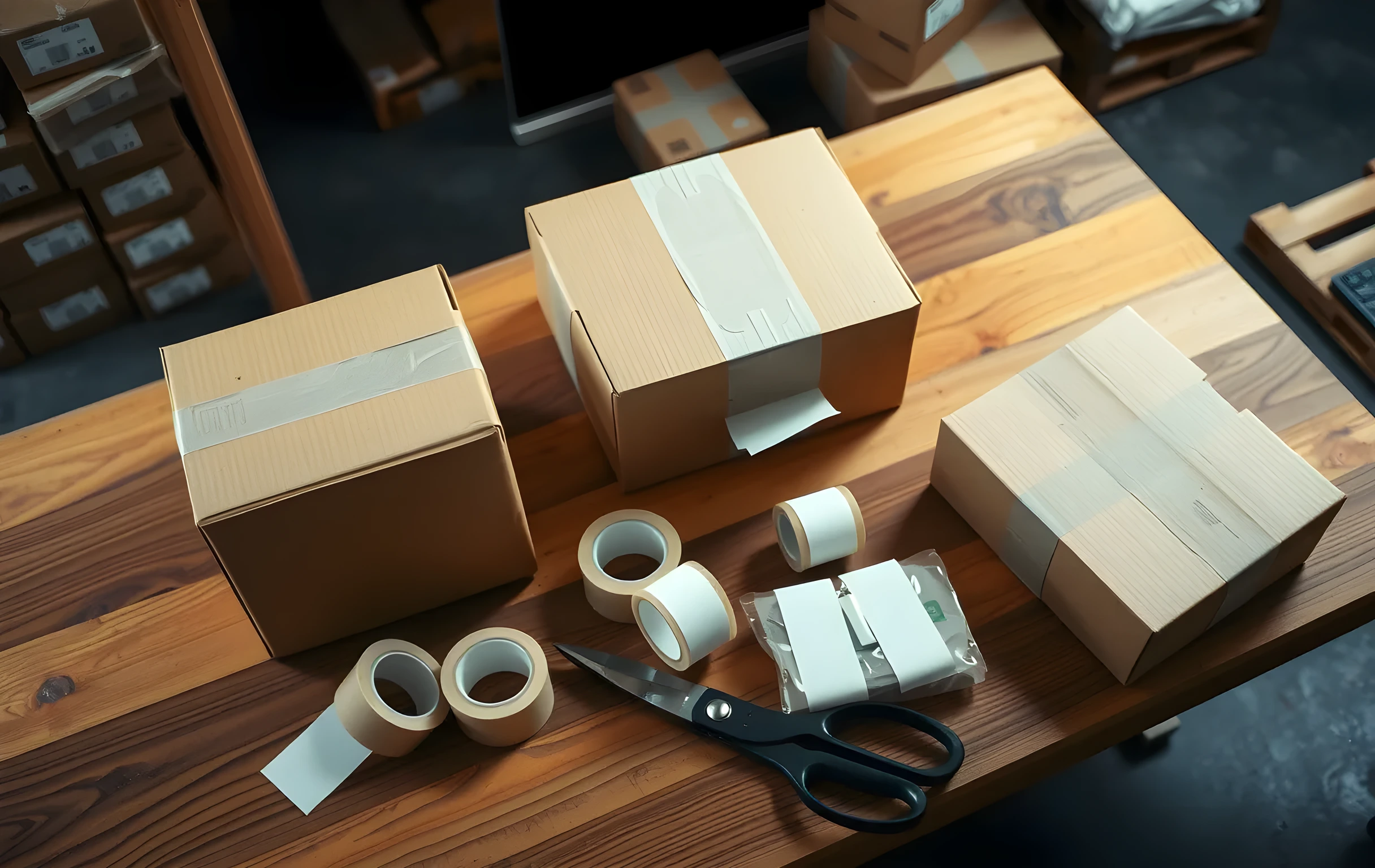 A close detail view of a packing station workbench at an angle, three medium cardboard boxes at different stages: one sealed and ready, one half-taped with a product partially visible inside wrapped in white tissue, one empty with its flaps open, scattered around them are small rolls of kraft paper tape, a stack of blank shipping labels waiting to be applied, a pair of utility scissors resting on the wood surface, warm task lighting from above creating a soft glow on the corrugated texture, shallow depth of field blurring the background into indistinct warehouse shapes
