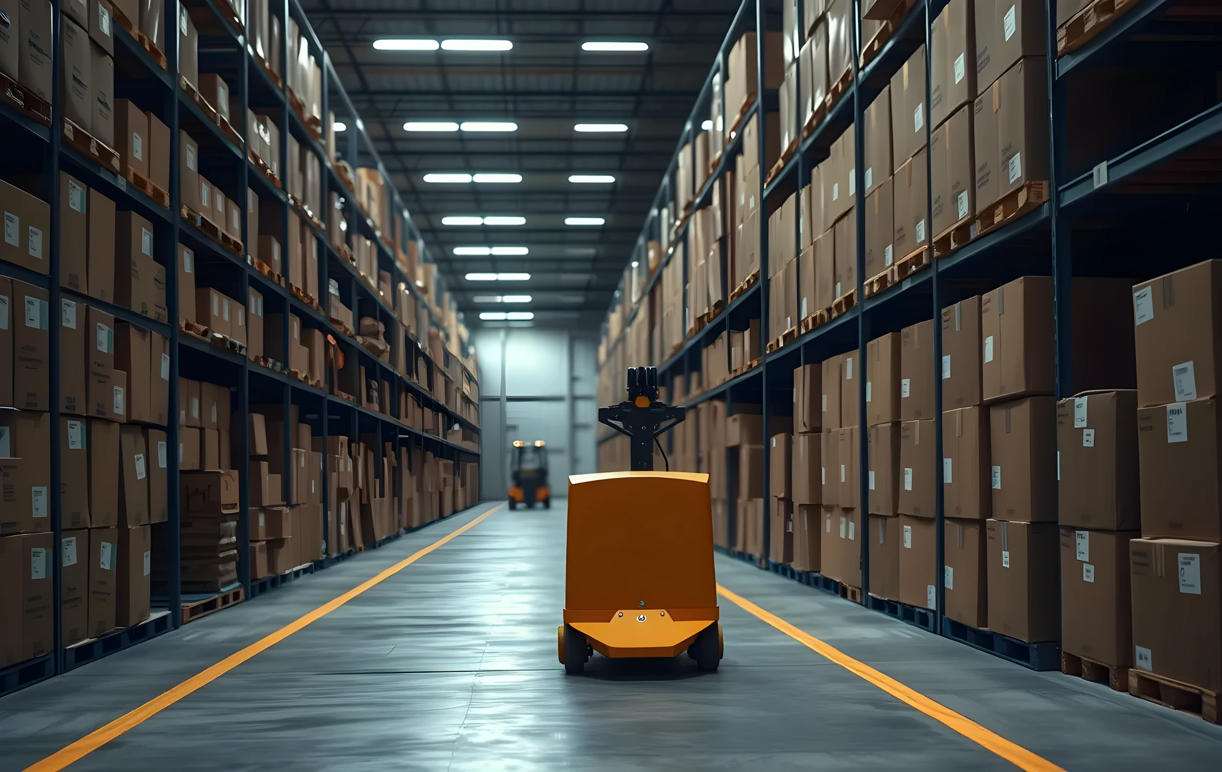 A long warehouse aisle viewed from one end looking toward the other, tall industrial shelving units on both sides packed floor-to-ceiling with uniform corrugated product boxes of varying sizes, a yellow pallet jack parked mid-aisle, fluorescent tube lighting casting even light across the concrete floor with painted lane lines, a forklift visible in the far distance at the end of the aisle, the overall mood is organized and slightly dim, no people visible, no readable text or signage