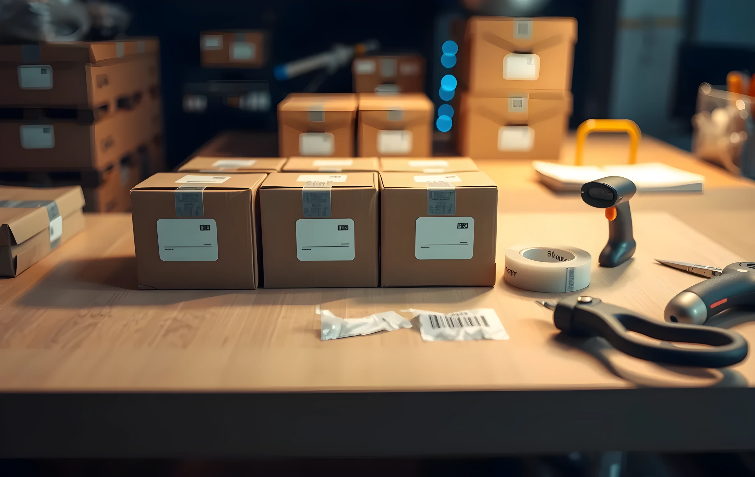 A close view of a packing station workbench seen from a low angle, a row of six small product boxes arranged in a neat line across the surface, each with a rectangular adhesive label on its top face, two rolls of clear shipping tape and a handheld barcode scanner resting to the right side, scattered pieces of torn corrugated cardboard and a pair of utility scissors near the front edge, warm task lighting from above creating soft shadows, no people, no readable text on any surface