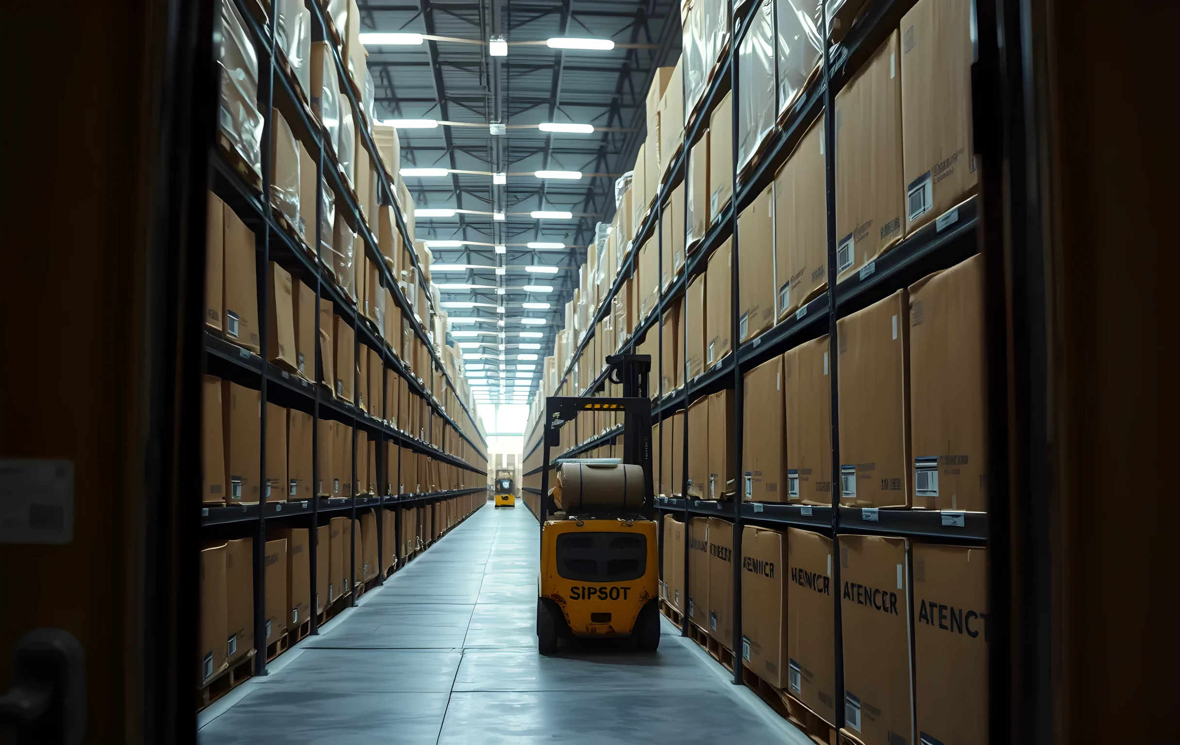 A long warehouse aisle stretching into soft-focus distance, tall industrial shelving units on both sides stacked floor to ceiling with uniform brown cardboard boxes in three or four sizes, small white barcode label strips visible along the edges of boxes, a yellow forklift parked idle in the mid-ground, cool white fluorescent tube lighting running the length of the ceiling, concrete floor showing faint tire marks, the perspective low and wide looking straight down the vanishing point of the aisle, no people visible