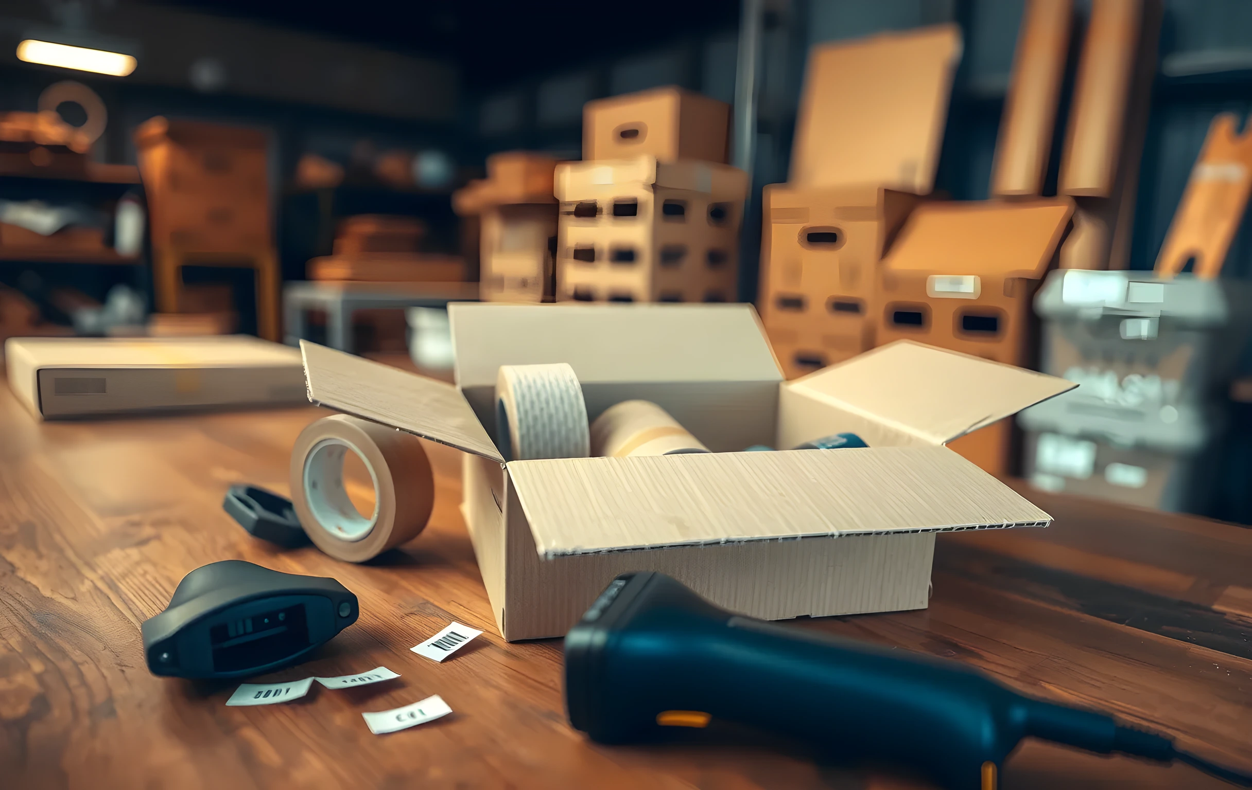 A close view of a wooden packing station counter surface seen from slightly above, an open corrugated shipping box in the center filled with three bubble-wrapped product samples of varying shapes, a half-used roll of brown kraft paper tape lying on its side to the left, a small handheld barcode scanner resting face-down near the box edge, scattered tiny product tags with black-and-white stripe patterns, warm amber workshop lighting casting soft shadows from above, shallow depth of field blurring the background into indistinct wood and metal shapes, no text readable anywhere in frame