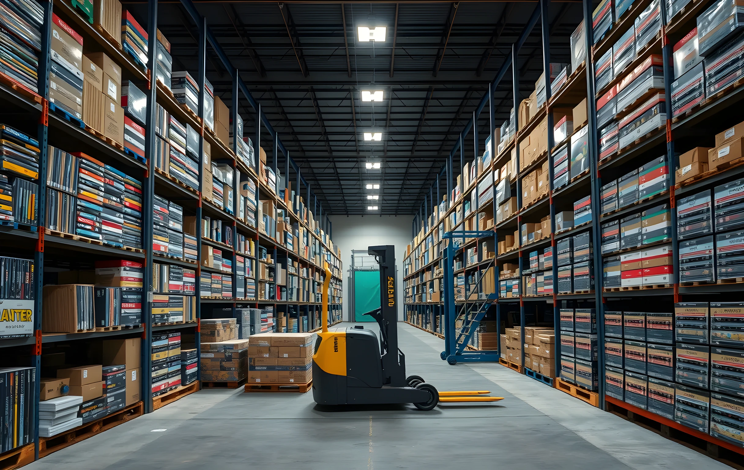 A wide-angle view looking down a long warehouse aisle flanked by tall steel shelving units packed with rows of colorful rectangular media cases and entertainment product boxes in neat vertical columns, a compact electric forklift parked at the far end of the corridor, warm overhead fluorescent panels casting even light across the full depth of the space, concrete floor with faint tire marks