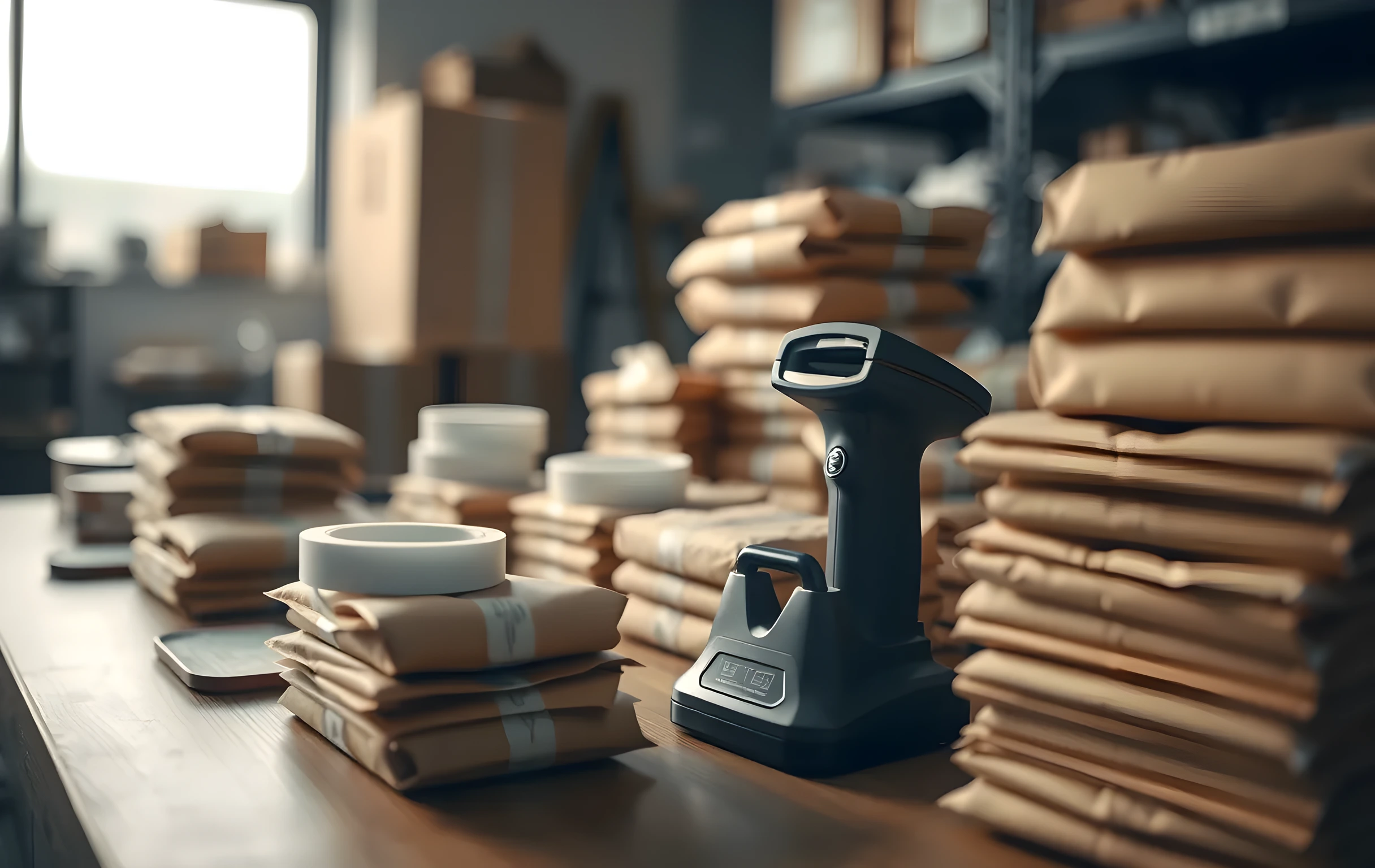 A close-up view of a packing station workbench cluttered with small sealed kraft-paper parcels stacked two high, rolls of clear adhesive tape, a handheld barcode scanner resting upright in its plastic cradle, and neat columns of padded mailers waiting to be shipped, lit by soft diffused daylight coming from an unseen side window, shallow depth of field blurring the background into warm neutral tones