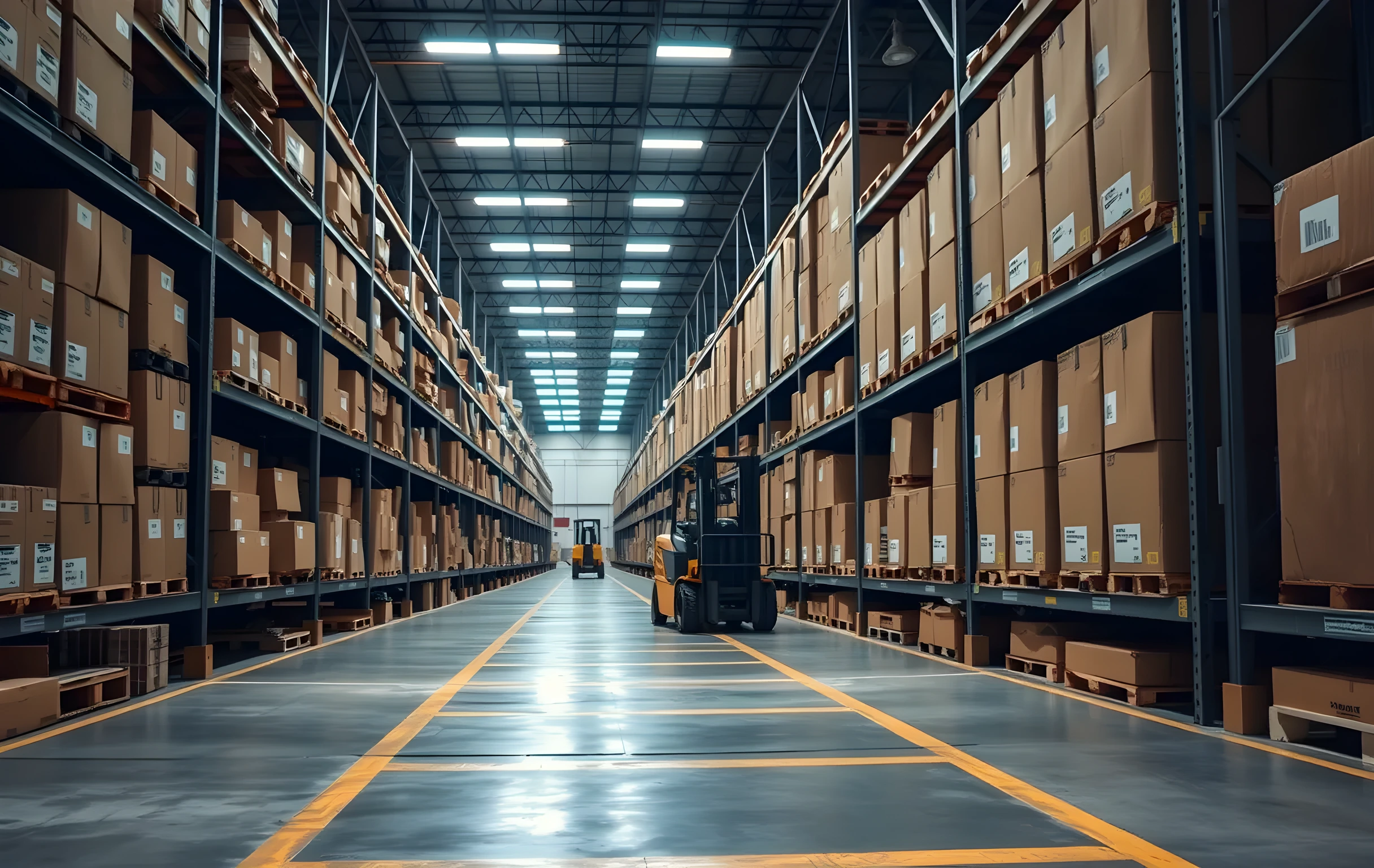 A long warehouse corridor flanked by tall industrial steel shelving units loaded with uniform white and brown corrugated shipping boxes of varying sizes, overhead fluorescent tube lighting casting even cool illumination down the aisle, a yellow forklift parked at the far vanishing point, polished concrete floor with faded painted lane markings receding into depth