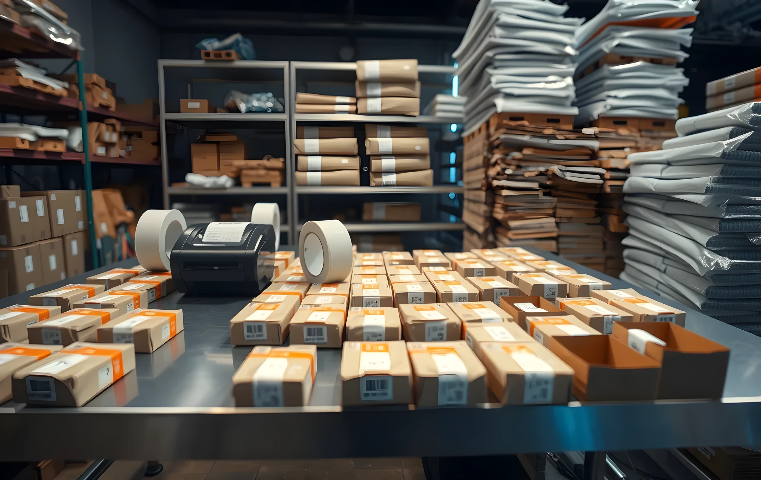 A stainless steel packing table seen from a low three-quarter angle, covered in neat rows of small sealed product boxes, two rolls of clear packing tape, a compact thermal label printer, and a tall stack of unopened poly mailers, soft warm workshop lighting from above casting gentle shadows across the work surface