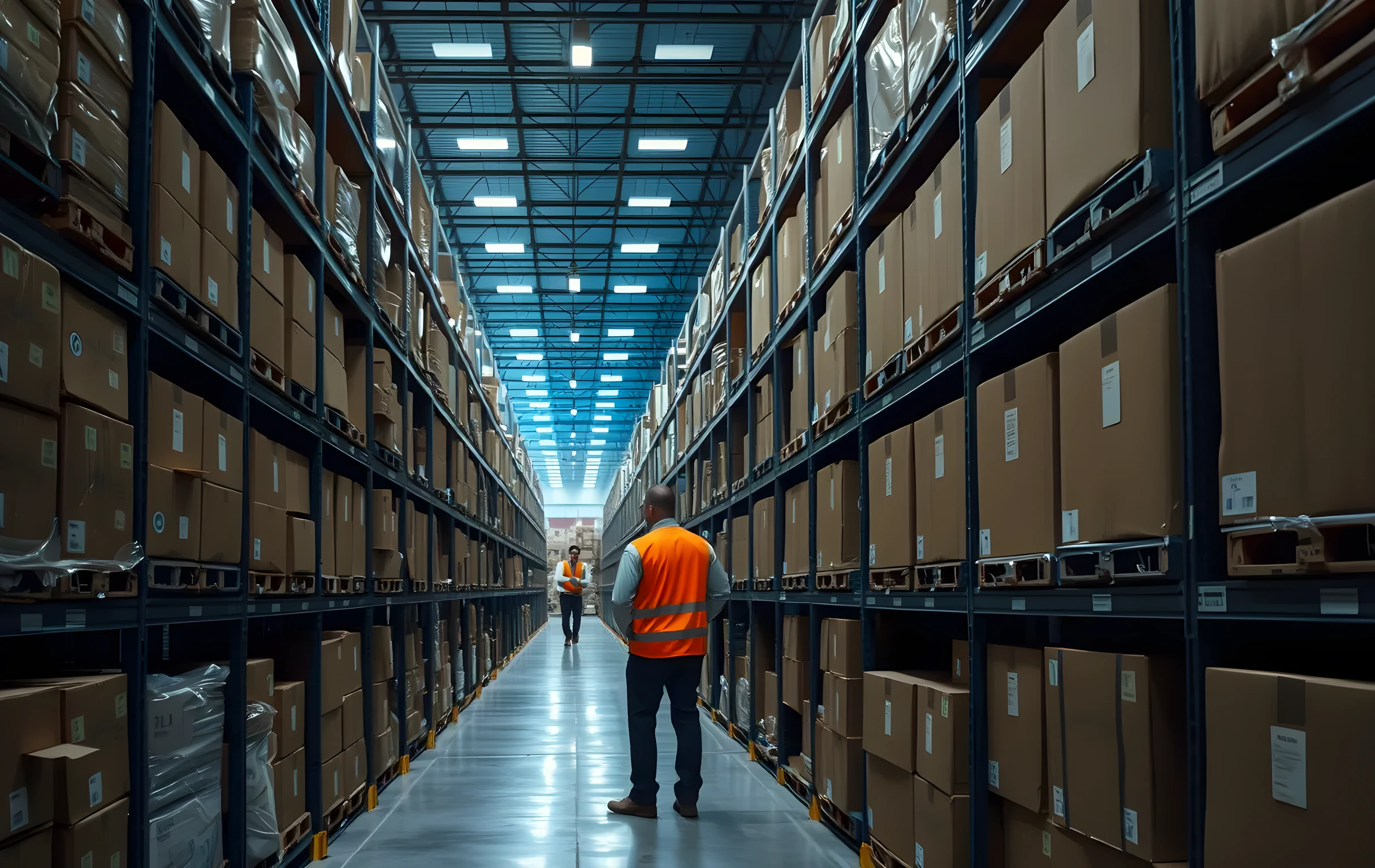 A long warehouse aisle lined with tall metal shelving units loaded with uniform brown product boxes, bubble-wrapped items visible on middle shelves, a steel packing station with tape dispensers and molded foam inserts at the far end, cool blue-white fluorescent lighting overhead, a worker in a high-vis vest standing as a small figure at the very end of the aisle, wide-angle perspective emphasizing depth and scale