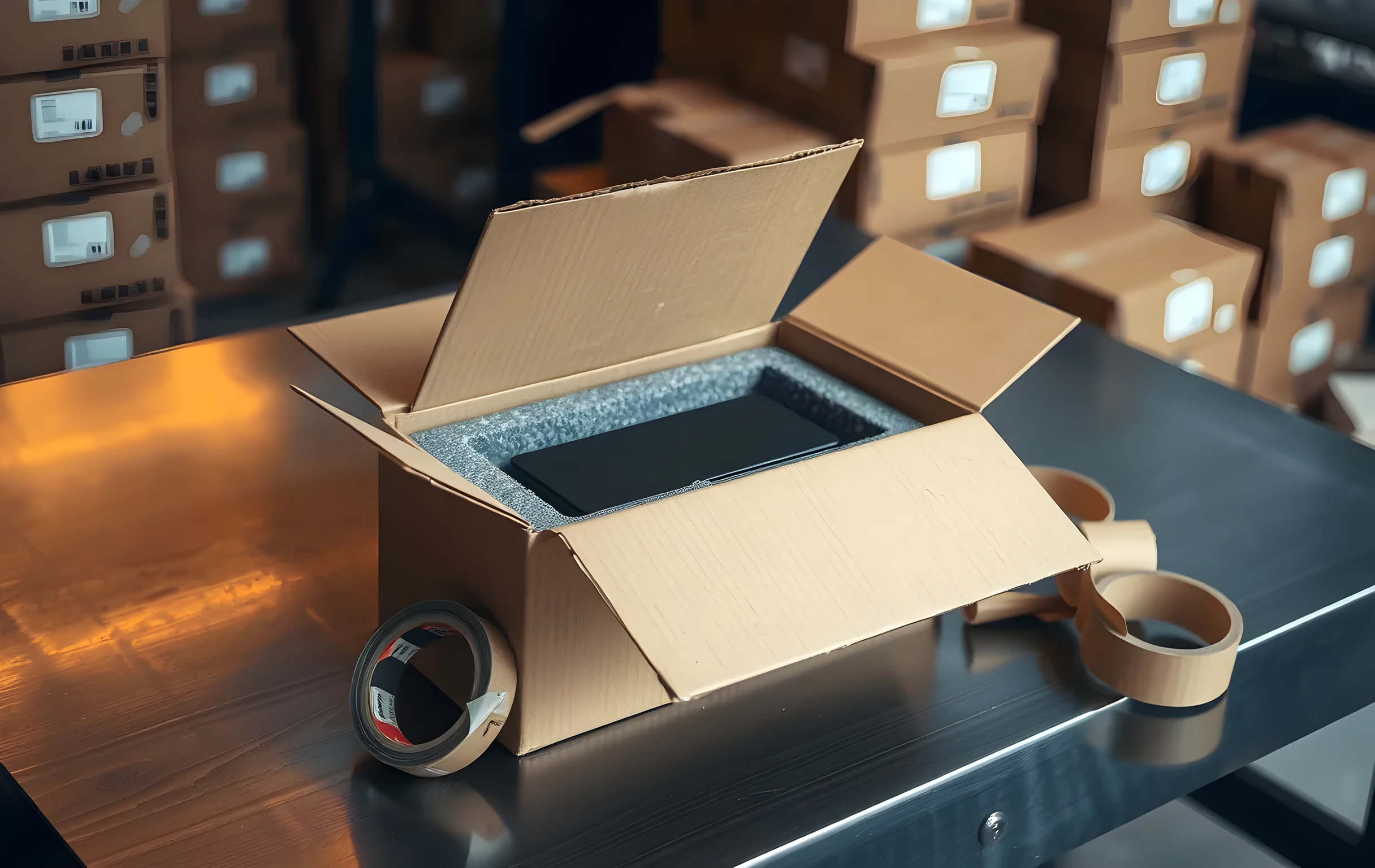A single open cardboard shipping box resting on a brushed-steel workbench, its lid flaps splayed outward revealing a custom-molded gray foam insert cradling a small matte-black electronic device, loose strips of cardboard shreds and a partially unrolled tape coil lying beside the box, warm amber side-lighting raking across the corrugated texture and casting long shadows, shallow depth of field with a soft blur of stacked brown boxes in the background