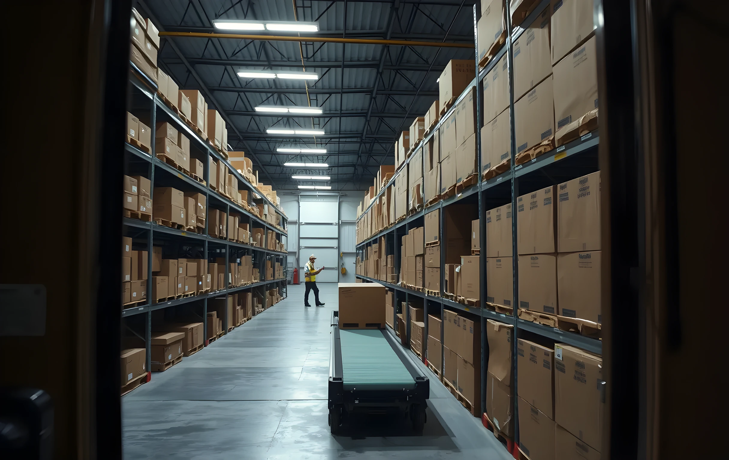 Wide-angle view deep into a large warehouse sorting floor: long rows of uniform brown cardboard boxes stacked four-high on galvanized steel shelving stretch into the distance, a pale green conveyor belt runs through the center at mid-height, two workers in hi-vis vests are visible small and far back near a loading dock door, overhead fluorescent tube lights cast even cool white illumination across the polished concrete floor, no text or signage visible anywhere