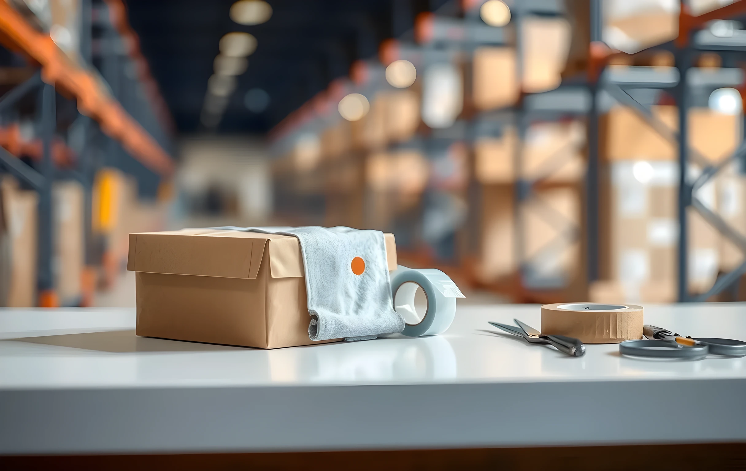 Close elevated angle on a single clean white packing-station countertop: a small sealed kraft-paper product box with a single colored dot sticker sits beside a neatly folded heather-grey cotton t-shirt wrapped in translucent tissue paper, a roll of clear adhesive tape and a pair of steel-handled scissors rest to the right, the warehouse aisle and distant metal shelving dissolve into soft warm bokeh behind the counter edge, no lettering or printed text on any surface