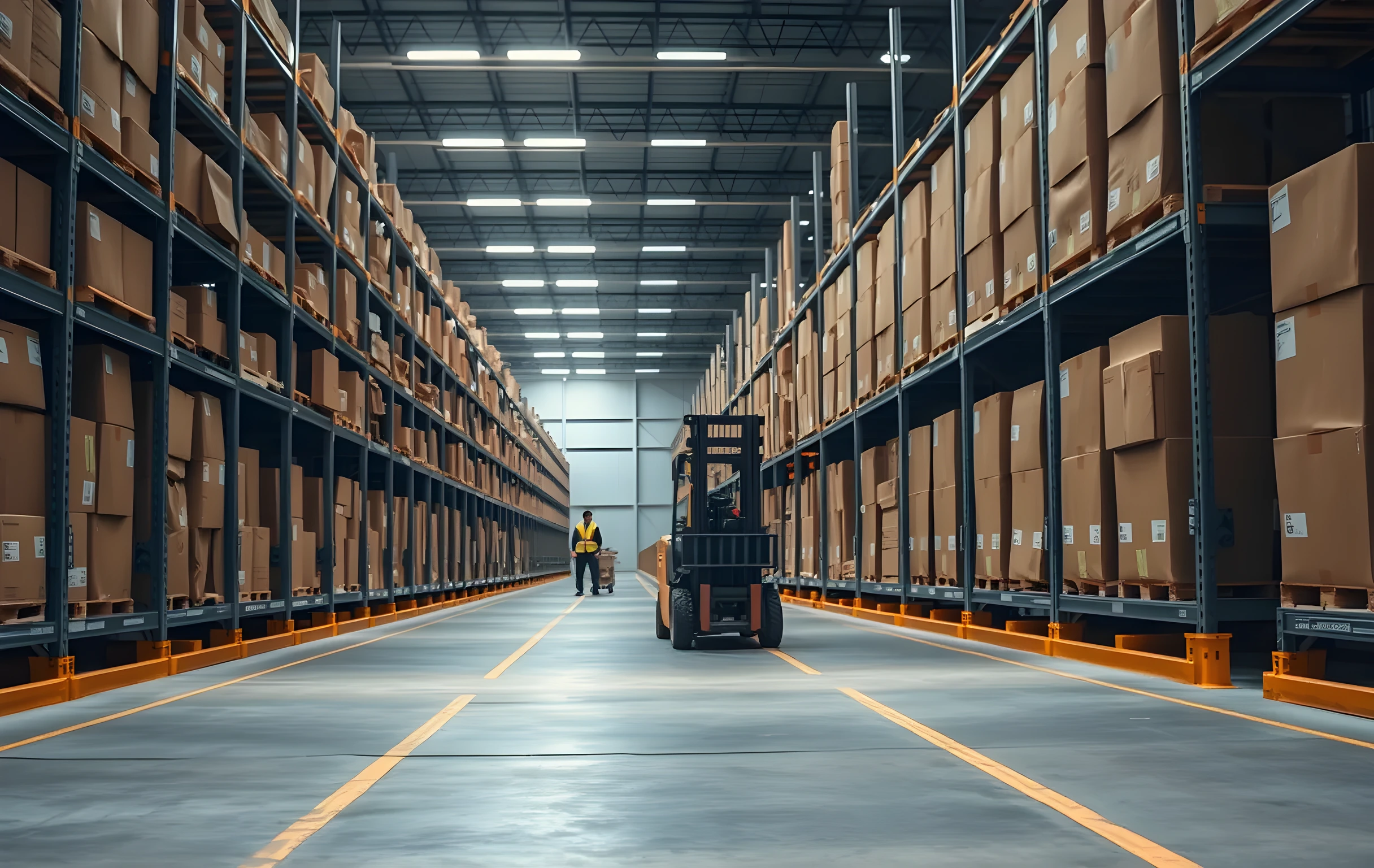 A long warehouse aisle stretching into soft-focus distance, tall metal shelving units on both sides stacked with uniform kraft-paper boxes in neat rows, a yellow forklift parked mid-aisle at medium distance, pale fluorescent light panels casting even illumination overhead, smooth concrete floor with faded painted lane lines, one worker in a high-vis vest visible small and far down the aisle pushing a cart, cool industrial color palette of grey steel and warm cardboard brown