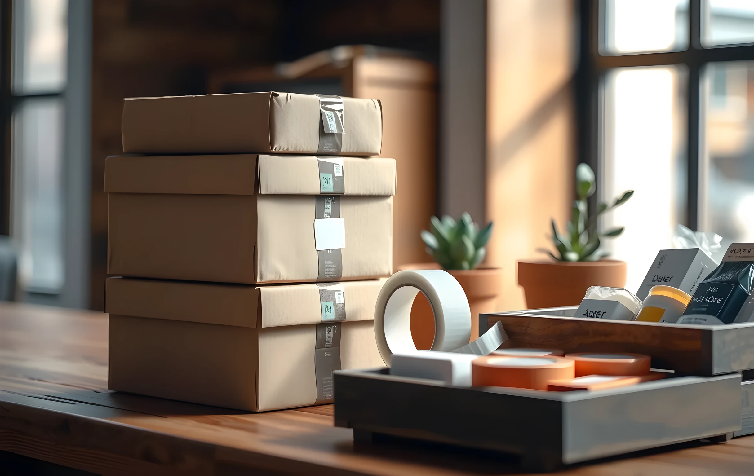A close detail view of a wooden packing station countertop seen from a slight elevated angle, a neat pyramid stack of five medium-sized brown shipping boxes each bearing a small rectangular adhesive label strip on the top face, a roll of clear packing tape unspooled slightly, a small terracotta pot with a single green succulent in the back-right corner, a shallow wooden crate holding an assortment of product samples arranged by size from left to right, warm natural window light entering from the left casting soft shadows, no text visible anywhere