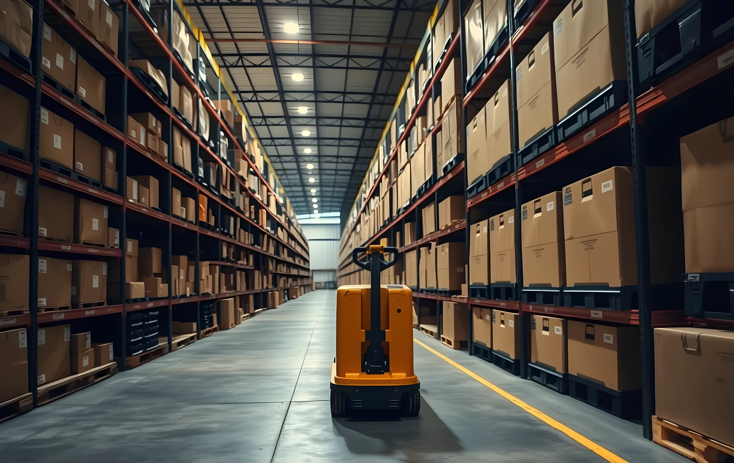 A long warehouse aisle lined with towering industrial shelving units stacked with uniform cardboard boxes and sealed plastic produce trays, warm overhead fluorescent lighting casting soft shadows along the concrete floor, a yellow pallet jack parked at the far end of the aisle, shot from a medium distance looking down the length of the corridor to emphasize depth and scale