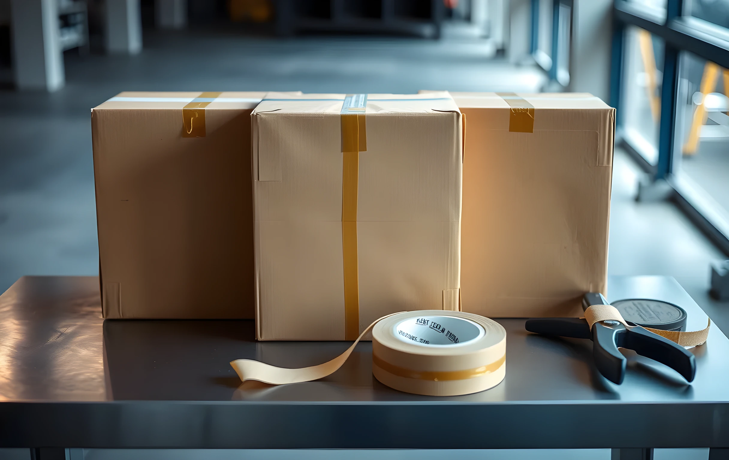 A low-angle close view of three sealed brown shipping boxes stacked on a stainless-steel packing-station table, thick kraft-tape strips crisscrossing each box, a heavy roll of packing tape and a pair of shears resting on the table surface beside them, industrial concrete floor visible in the background with soft bokeh, cool daylight streaming from an unseen window