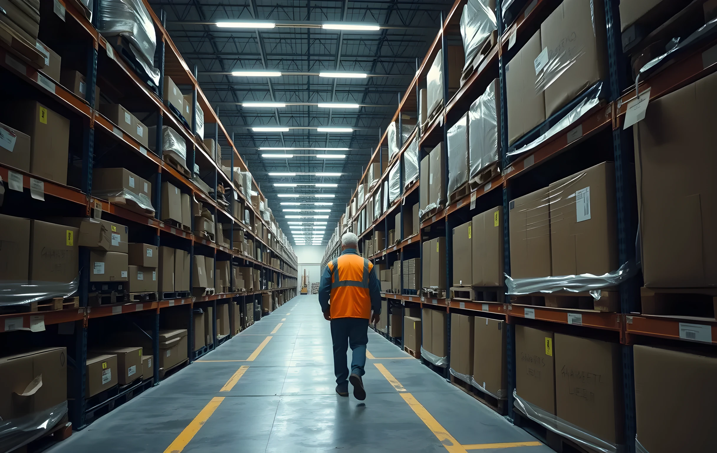 A long warehouse aisle lined with tall industrial metal shelving units loaded with uniform cardboard boxes and shrink-wrapped pallets, a lone worker in a hi-vis safety vest walking far down the corridor toward the vanishing point, overhead fluorescent tube lights casting even cool-white illumination, concrete floor with painted yellow safety lines, medium-to-far perspective emphasizing depth and scale