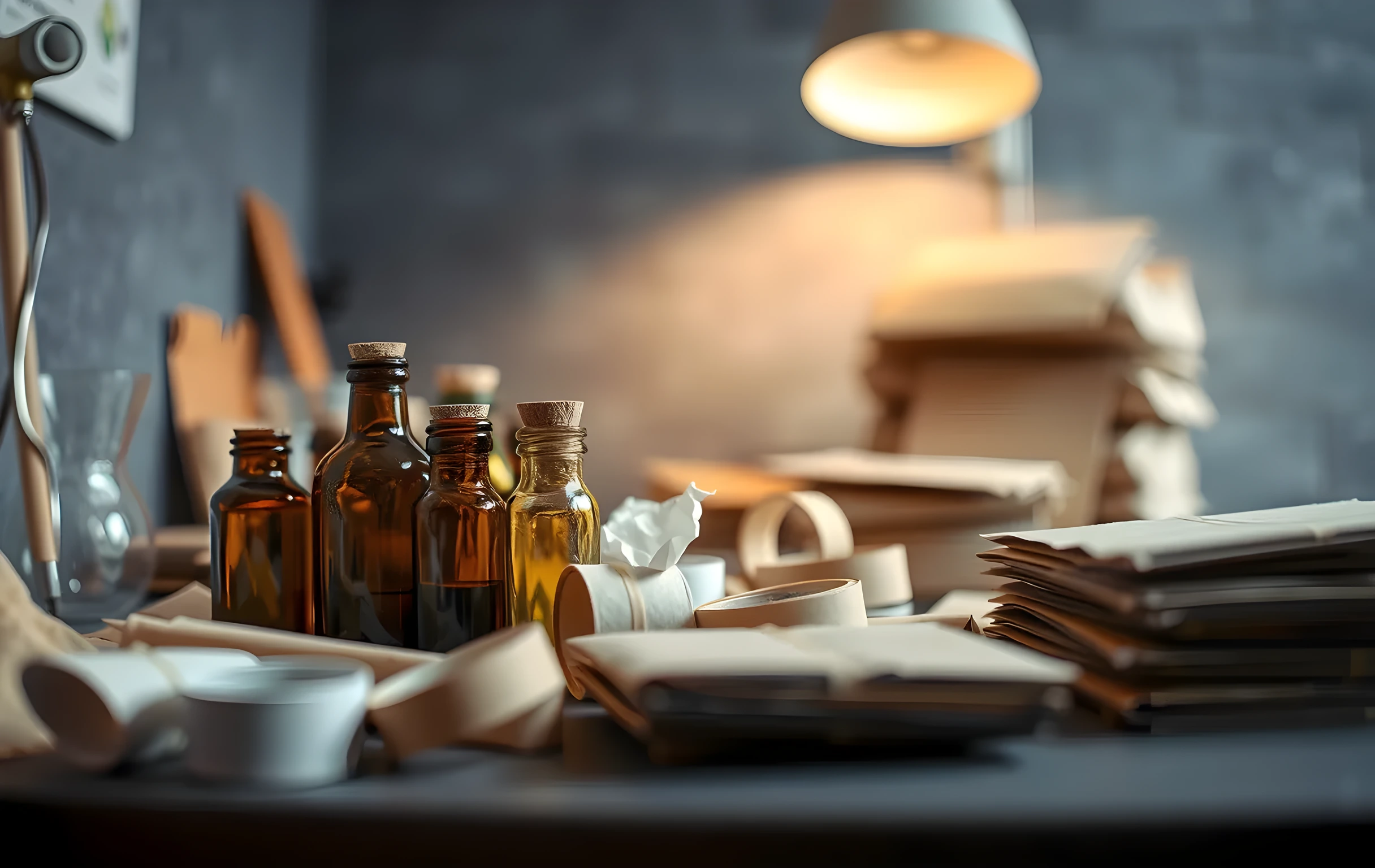 A close view of a packing station work surface cluttered with small product samples including amber glass bottles, ceramic jars with cork lids, rolls of kraft paper tape, rubber bands, crumpled tissue paper, and a stack of plain brown kraft shipping envelopes, soft warm side-lighting from a single lamp, shallow depth of field blurring the background into a neutral grey wall