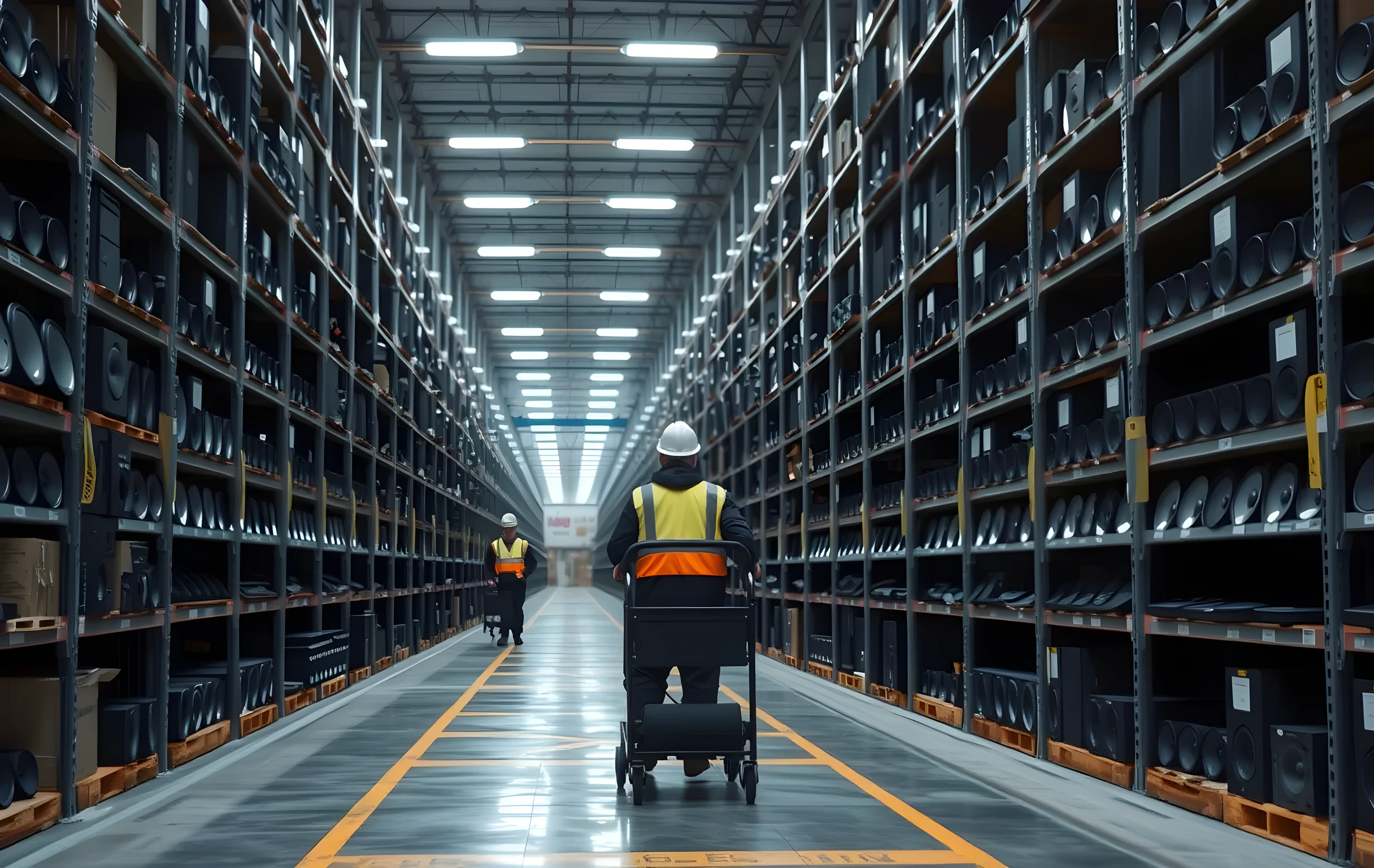 A long warehouse aisle with tall industrial metal shelving racks extending both sides toward a vanishing point, every shelf densely packed with small round and cylindrical black speaker boxes in assorted sizes, some stacked two high, a lone worker in a hi-vis vest pushing a wheeled cart at the far end of the aisle, overhead fluorescent tube lights casting even white illumination, polished concrete floor with faded yellow lane-paint lines, no visible text or signage