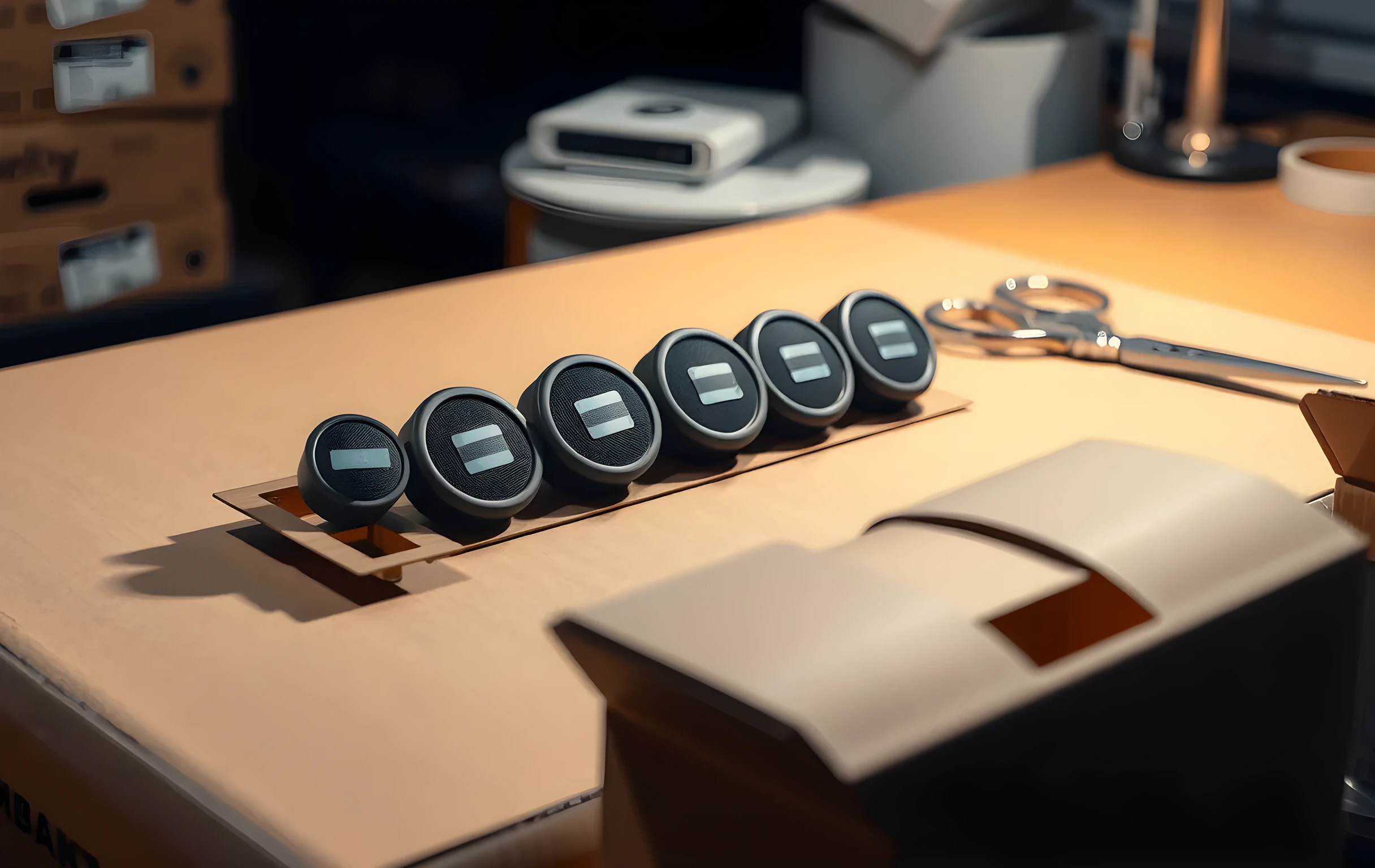 A close view of a packing station workbench where five small round matte-black speakers sit in a row on a corrugated cardboard tray, each with a rectangular striped sticker affixed to its flat base, a pair of metal scissors and a roll of clear packing tape resting to the right, the open top flaps of a brown shipping box framing the lower edge of the scene, warm task-light glow from above, no readable text or logos visible