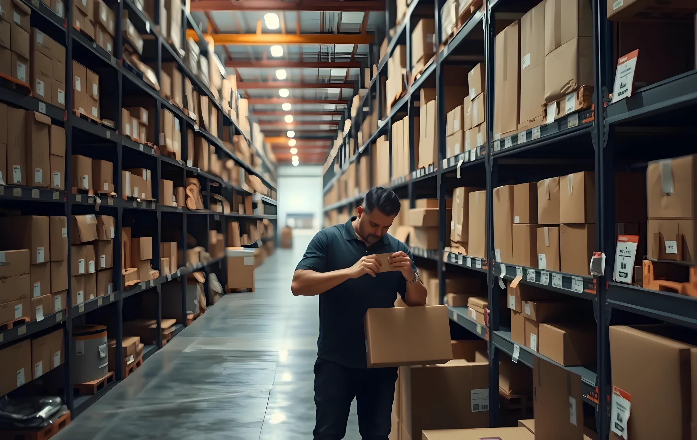 A wide-angle view of a mid-sized fulfillment warehouse aisle at low morning light, rows of stacked cardboard shipping boxes on metal shelving stretching into soft focus, a packing station in the mid-ground with a worker in a navy polo shirt sealing a parcel, small product sample cards clipped to the shelf edges, warm amber overhead lighting casting long shadows across polished concrete floor, no text visible anywhere