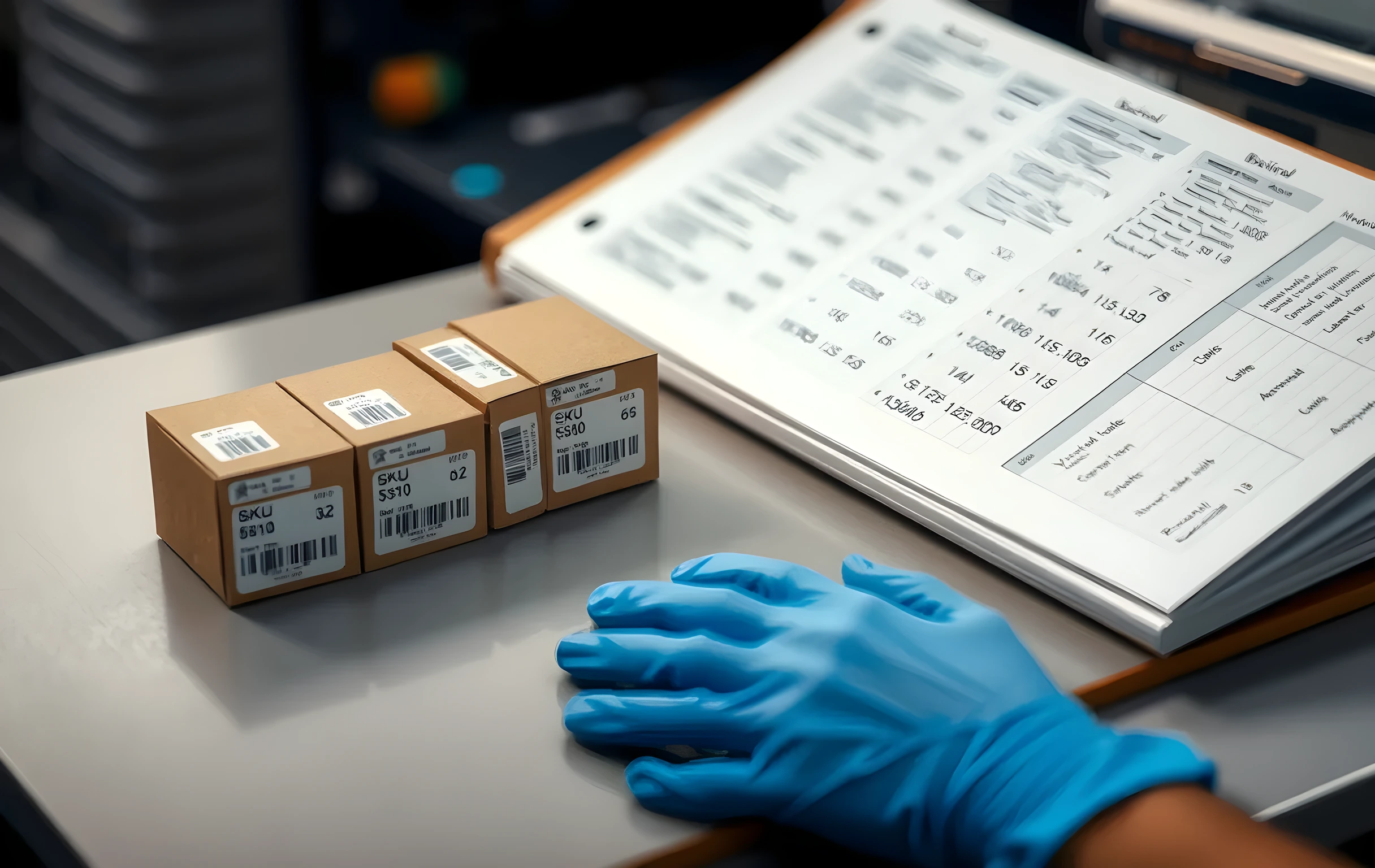 A close detail shot of a flat surface at a quality-inspection bench, three small boxed products arranged in a row with printed barcode stickers and color-swatch attribute tags attached to each box, a thick catalog binder open beside them showing columns of handwritten SKU codes and weight figures, a pair of blue nitrile gloves resting on the edge of the bench, shallow depth of field blurring the background into soft neutral tones, no readable text or logos visible