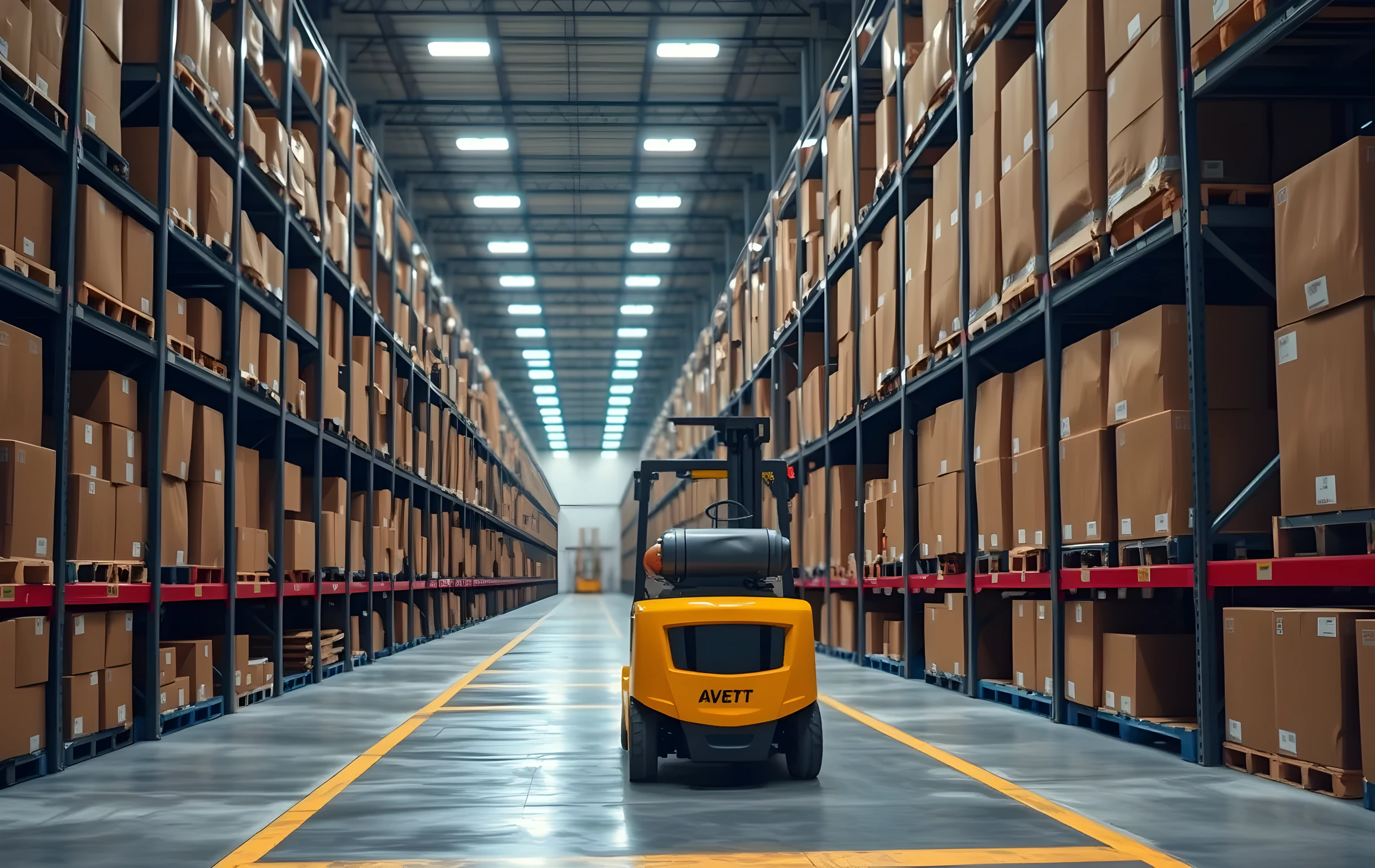 A long industrial warehouse aisle viewed from one end looking toward the other, tall steel shelving units on both sides loaded floor-to-ceiling with uniform brown cardboard boxes in graduated sizes, a yellow forklift parked at mid-distance between racks, bright white LED strip lights running the full length of the ceiling, smooth polished concrete floor with faded painted lane markings, cool even lighting, no people visible