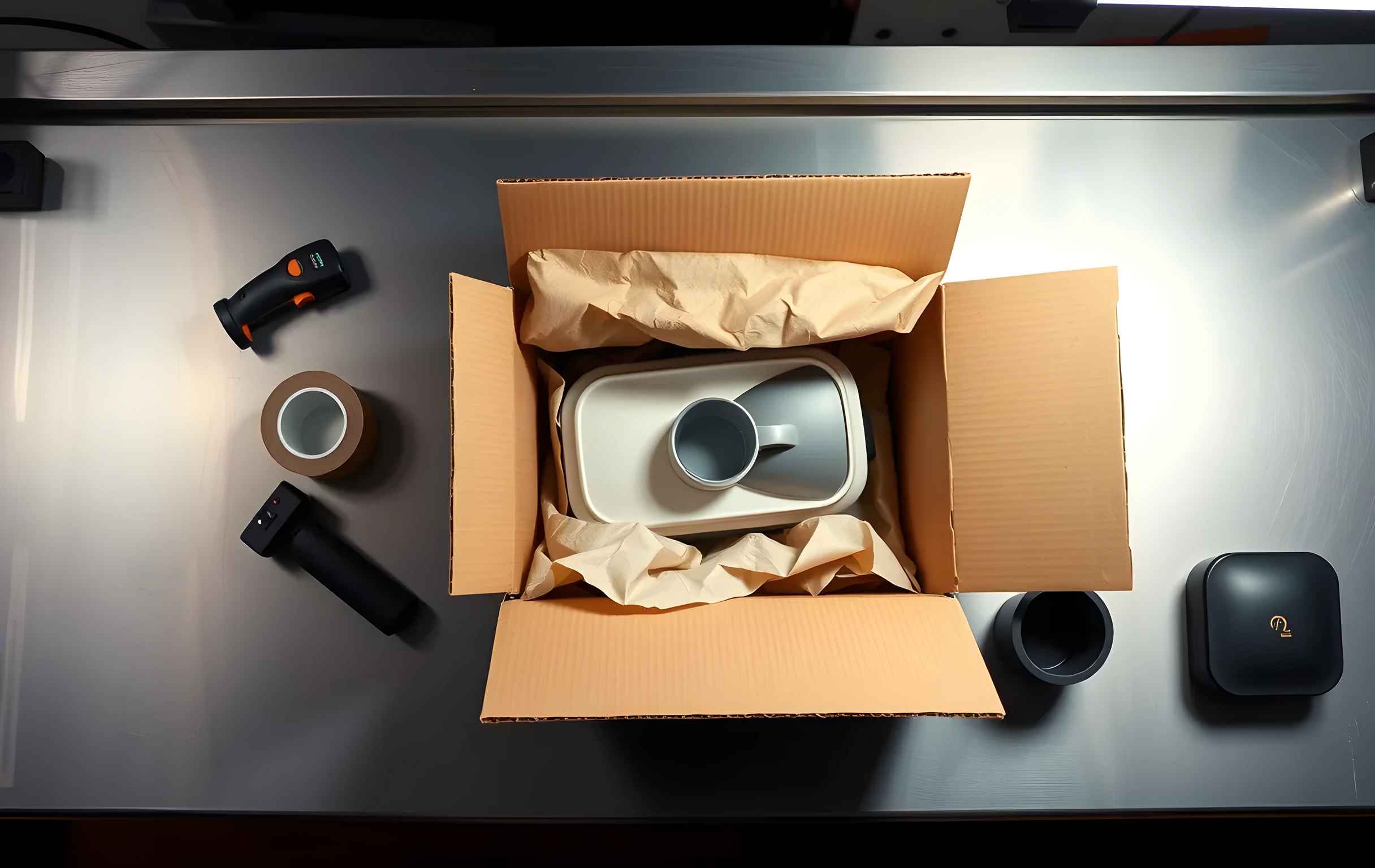 A stainless steel packing station workbench viewed from a slight overhead angle, an open shipping box in the center holding a ceramic kitchen appliance wrapped in crumpled kraft paper, a roll of clear packing tape and a small handheld barcode scanner resting to the left, three product samples (a glass storage jar, a folded linen textile, a matte black plastic container) arranged in a neat row along the bench edge, warm task lighting from directly above casting soft shadows into the box interior, no text visible on any surface