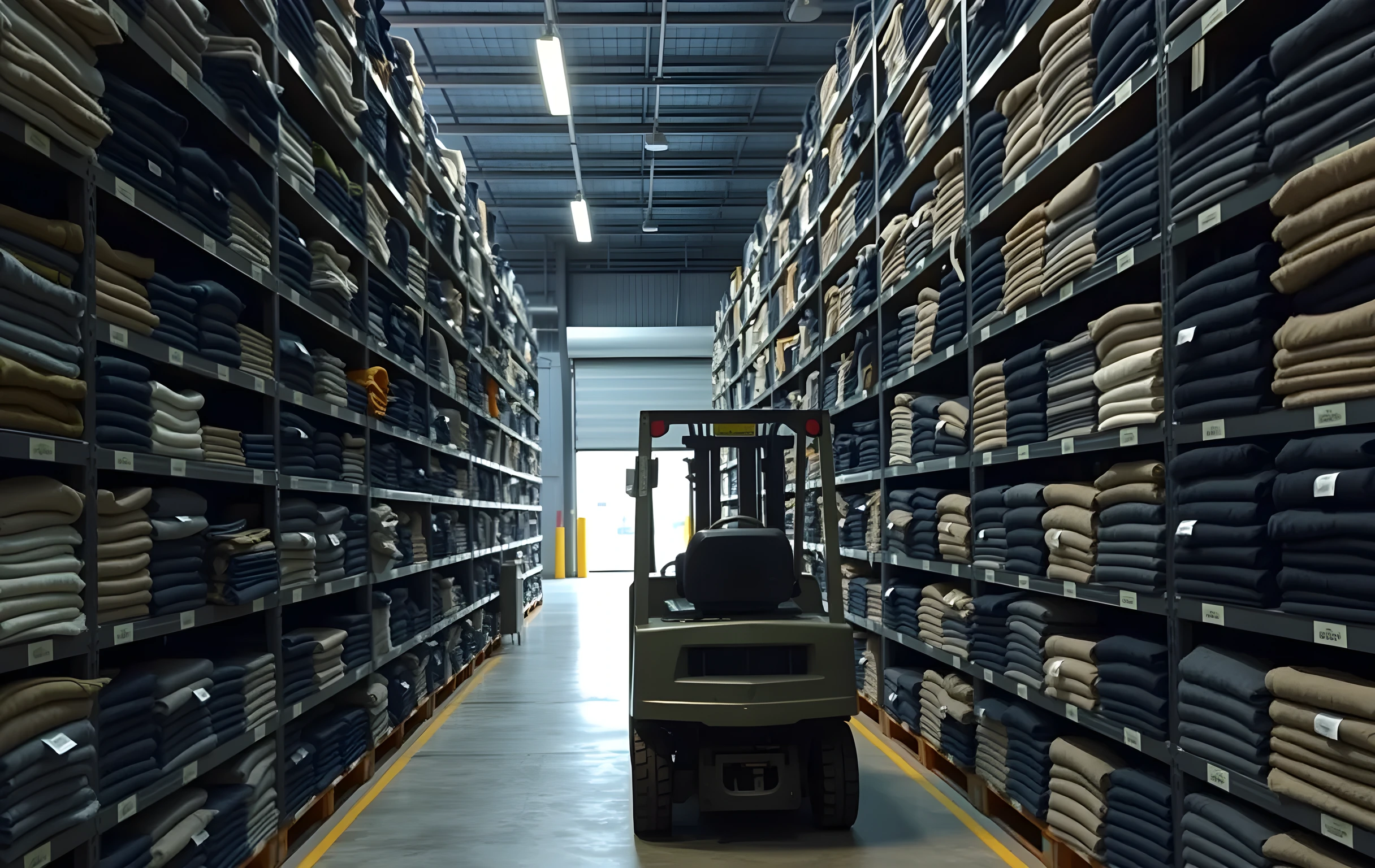 A wide-angle view down a long warehouse aisle lined with floor-to-ceiling steel shelving units densely packed with folded t-shirts in muted colors, heather grey, navy, olive, cream, each shelf labeled with small white barcode stickers on the bin edges. A compact forklift sits parked three-quarters of the way down the aisle under cool fluorescent tube lighting. The perspective draws the eye toward the vanishing point at the far end where a roll-up door is partially open and daylight spills in. No people visible. The scene conveys scale, order, and quiet industrial rhythm