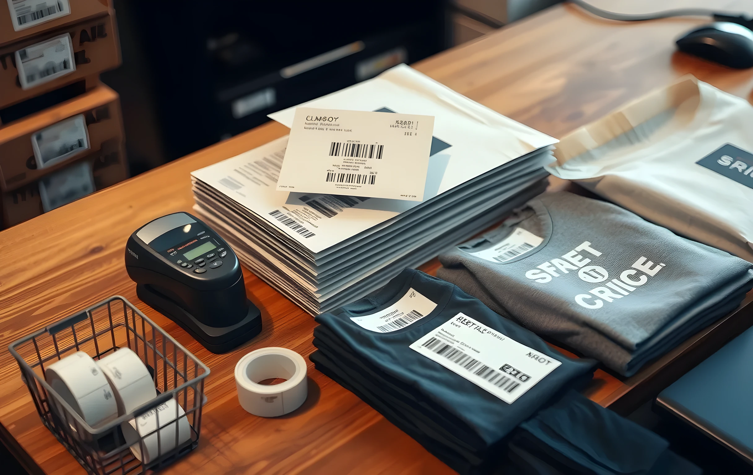 A close-detail shot of a wooden packing station workbench viewed from a slight angle above: a neat stack of twenty poly mailers with thermal barcode labels already applied to their flaps, a handheld barcode scanner resting on its cradle, two rolls of clear shipping tape, and three folded graphic tees in soft charcoal fabric waiting to be bagged. A small metal bin at the bench edge holds spare label rolls. The wood grain is visible, the lighting is warm and directional from one side. No faces, no hands, no screens, no text other than the physical barcode patterns on the mailer labels