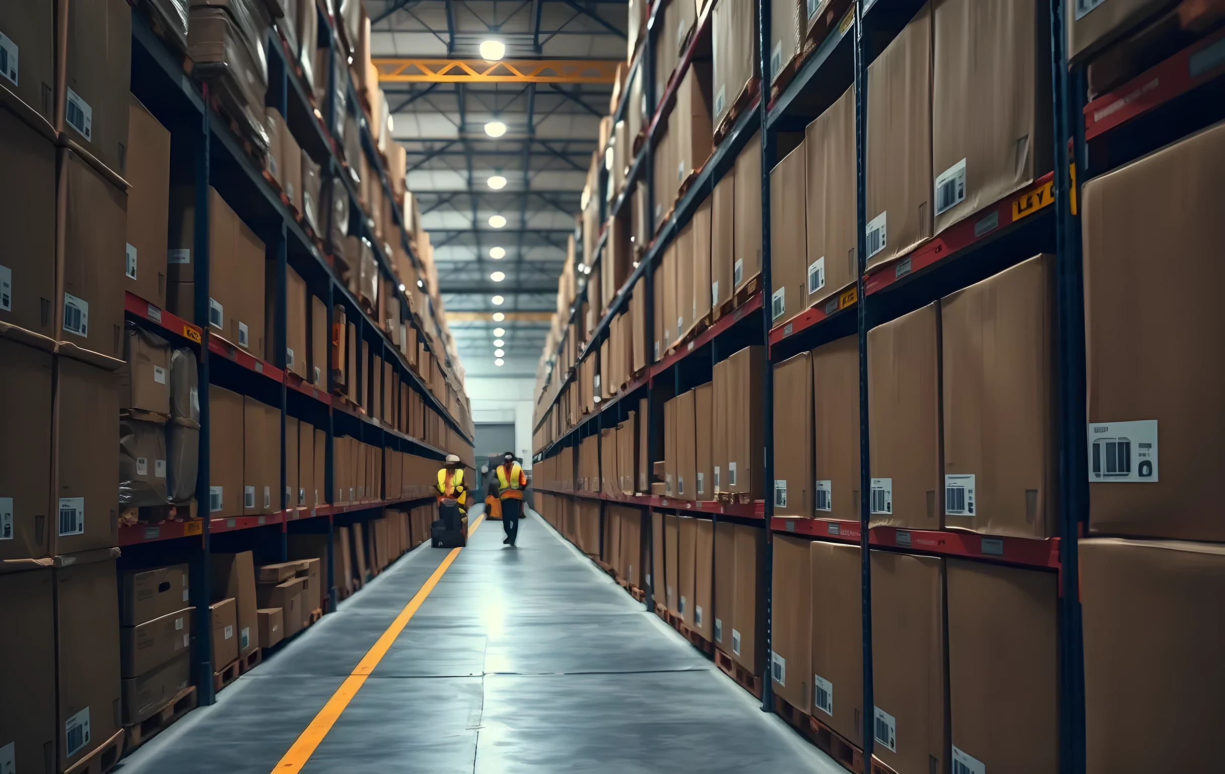 Wide-angle view down a long warehouse aisle lined floor-to-ceiling with uniform cardboard shipping boxes stacked on steel racking, each box sealed and labeled with a small barcode sticker visible at mid-height; the aisle vanishes into warm overhead fluorescent light in the distance, two workers in hi-vis vests appear as small figures far down the corridor near a forklift, the concrete floor shows faint tire marks and a faded yellow safety line