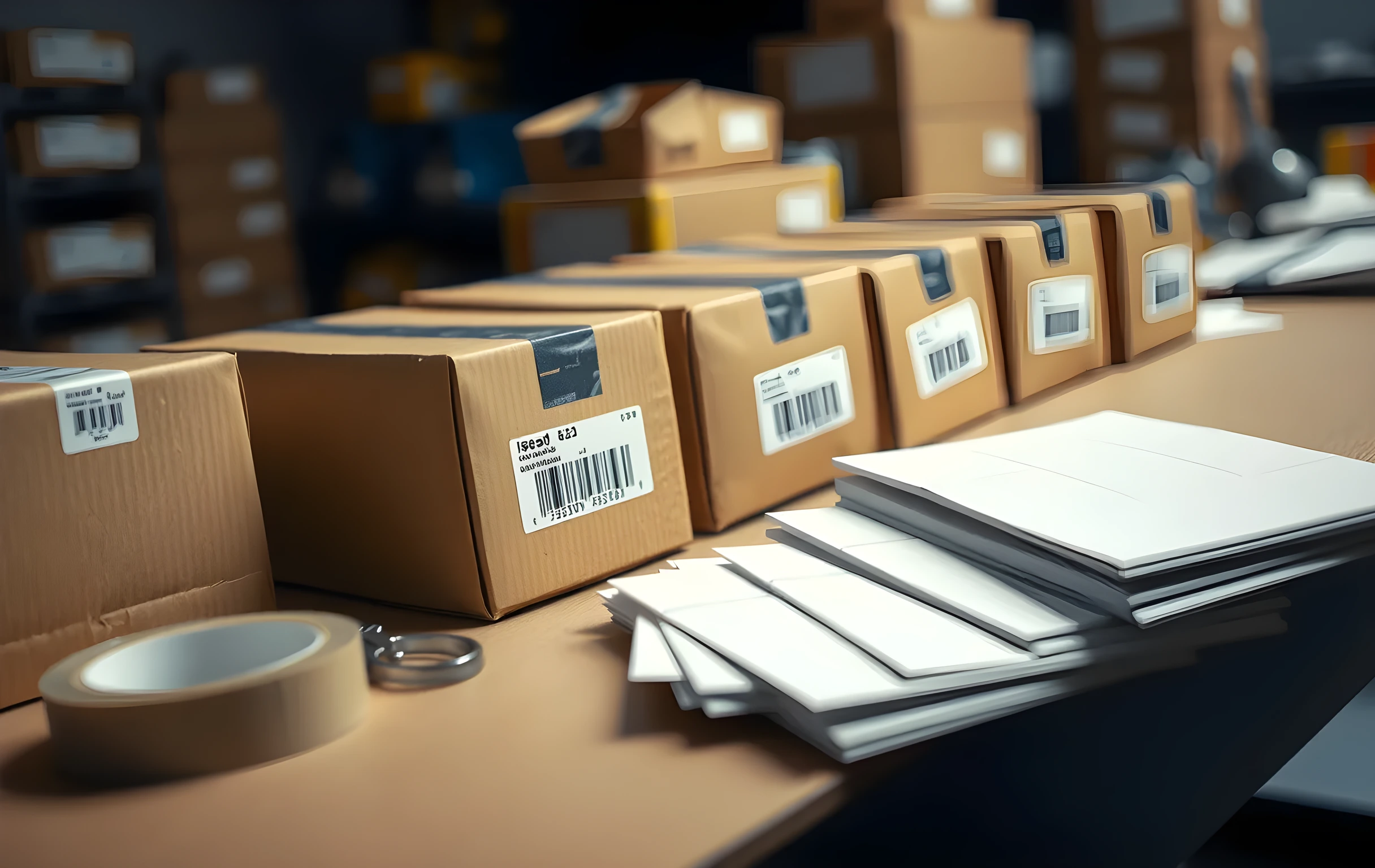 Close detail of a packing station workbench where a row of small product boxes sits in a single line waiting for labels, each with a thin barcode strip already applied to one face; beside them a roll of corrugated tape, a pair of scissors resting on the cardboard surface, and a stack of blank white shipping label sheets fanned slightly at the edge, shot from a low angle so the boxes dominate the frame and the background falls into soft warm blur