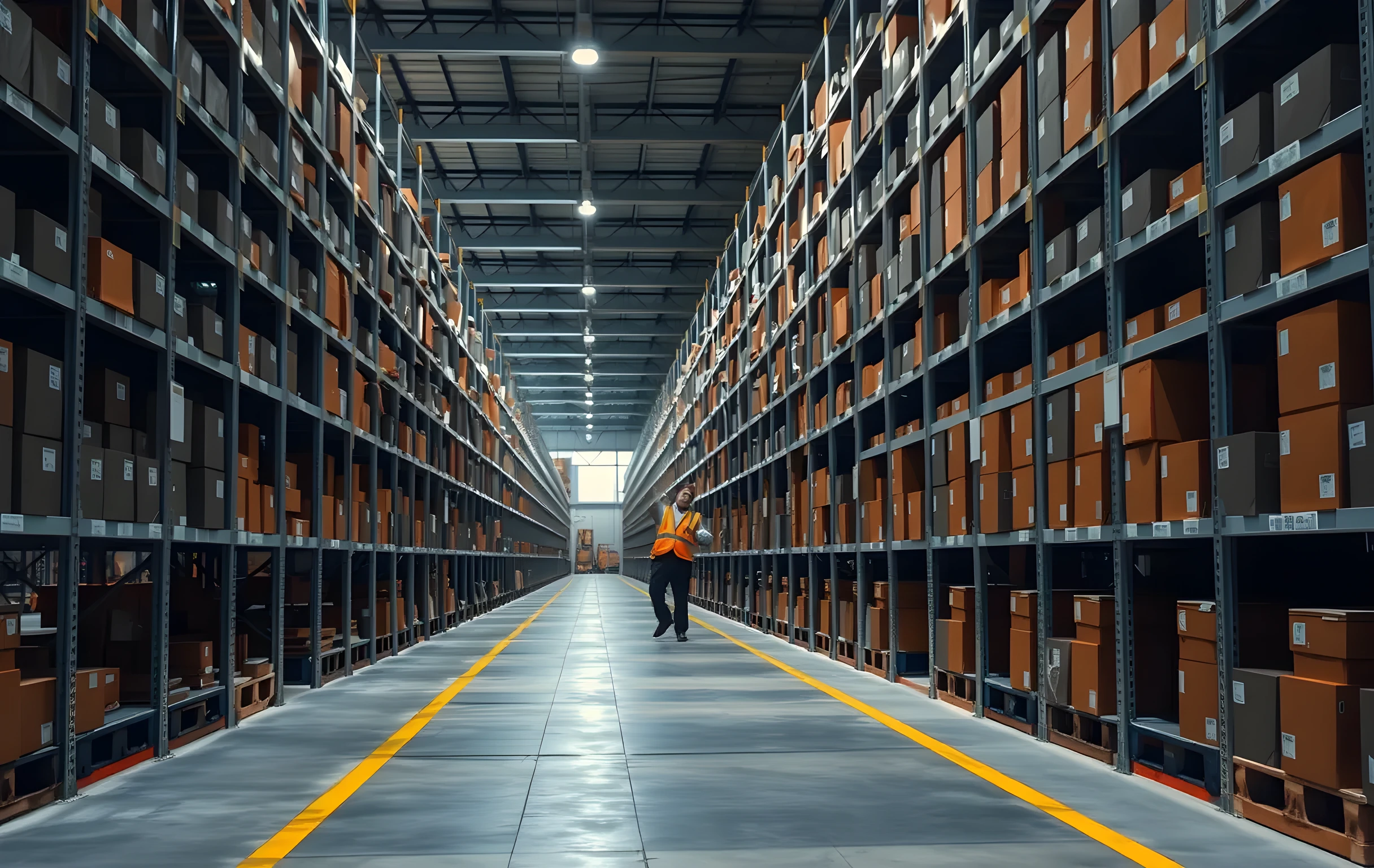 A long warehouse aisle lined with tall galvanized-steel shelving racks on both sides, each shelf densely packed with small uniform rectangular retail boxes in charcoal and burnt-orange color blocks arranged in precise rows stretching into the distance, a single worker in a hi-vis vest visible far down the aisle at medium distance reaching toward an upper shelf, flat industrial fluorescent lighting overhead casting even shadowless illumination across the corridor, concrete floor with painted yellow safety lines, the perspective drawing the eye deep into the receding vanishing point of the aisle