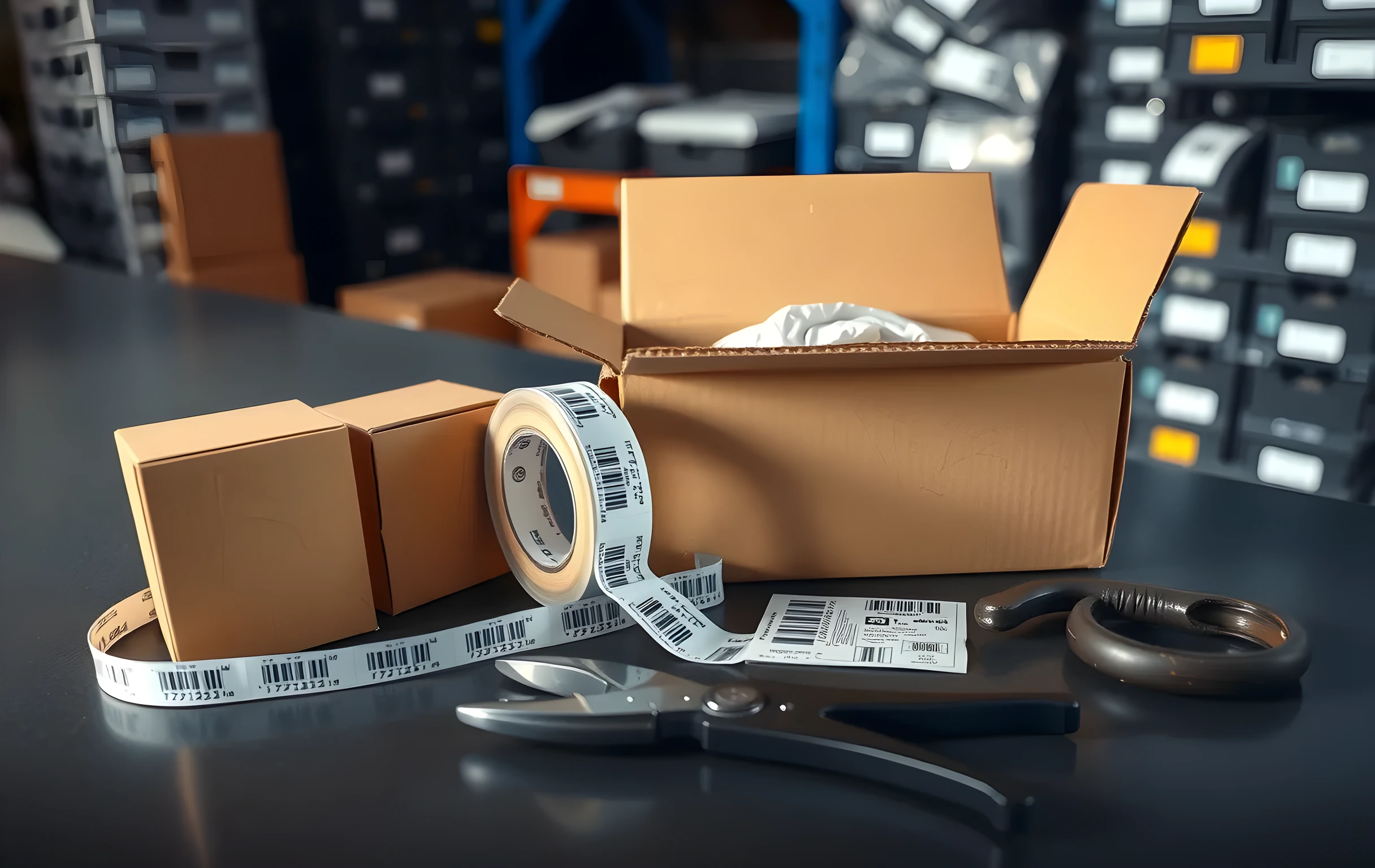 A close detail view of a packing station countertop where three small rectangular product boxes sit upright beside a partially unrolled strip of clear packing tape and a neat stack of printed shipping labels with visible barcode patterns, a medium cardboard carton sits half-taped with crinkled bubble wrap emerging from the open top, a pair of steel snips rests flat on the counter surface, warm focused task lighting from directly above creates soft shadows around each object, the background is softly blurred showing the edge of another workstation and stacked inventory totes, no faces or hands visible