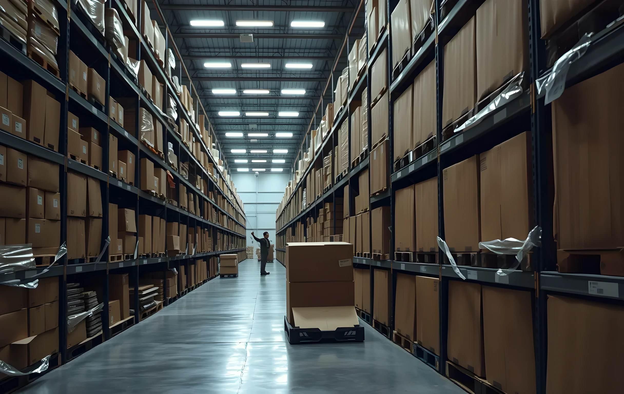 A long warehouse aisle seen from one end looking down its full length, flanked by tall industrial steel shelving units loaded floor to ceiling with uniform brown corrugated shipping boxes in three size variations, some shrink-wrapped in clear plastic film. In the mid-distance a packing station is visible where two workers appear as small figures, one reaching toward an open box while the other sorts a stack of flattened cardboard sheets. Overhead fluorescent tube fixtures cast a cool even white glow across polished concrete flooring that faintly reflects the light. The atmosphere is orderly, functional, and quiet