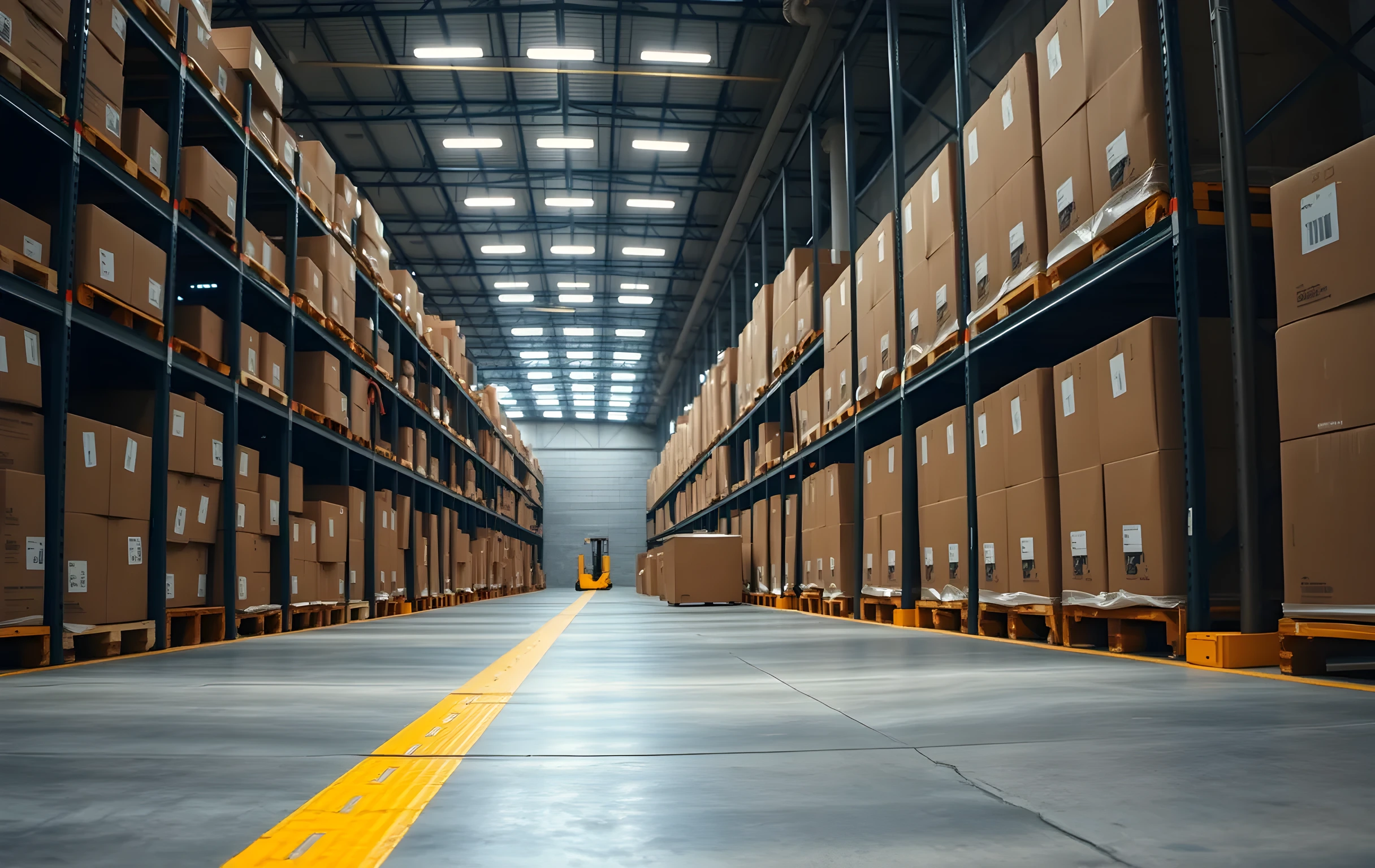 A long industrial warehouse aisle stretching into soft-focus depth, tall steel shelving units on both sides loaded with uniformly sized brown cardboard boxes neatly stacked in rows, a yellow painted lane stripe running down the center of smooth concrete floor, overhead fluorescent light panels casting even cool-white illumination, a yellow pallet jack visible small at the far end of the aisle, exposed conduit pipes along gray cinder-block walls, no people visible, clean and orderly