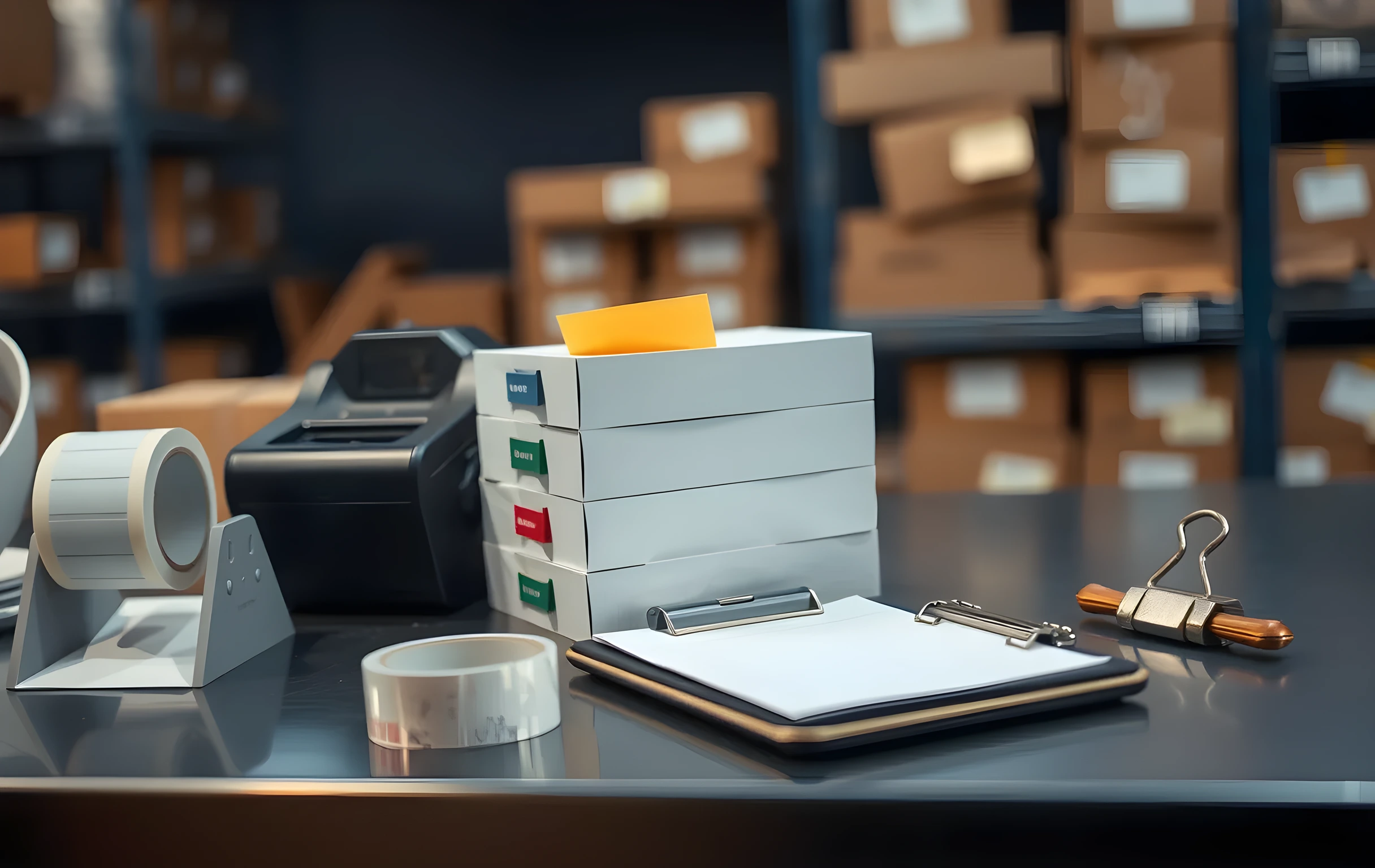 A close angled view from slightly above of a stainless-steel packing station countertop, a neat stack of six small product sample boxes each with a different colored paper tab protruding from the top flap, a compact thermal label printer sitting to the left, a roll of clear packing tape on its dispenser, a wire clipboard with blank lined pages and a metal clip, the background softly blurred showing the edge of more shelving units, warm task lighting from above, no readable text or logos visible anywhere