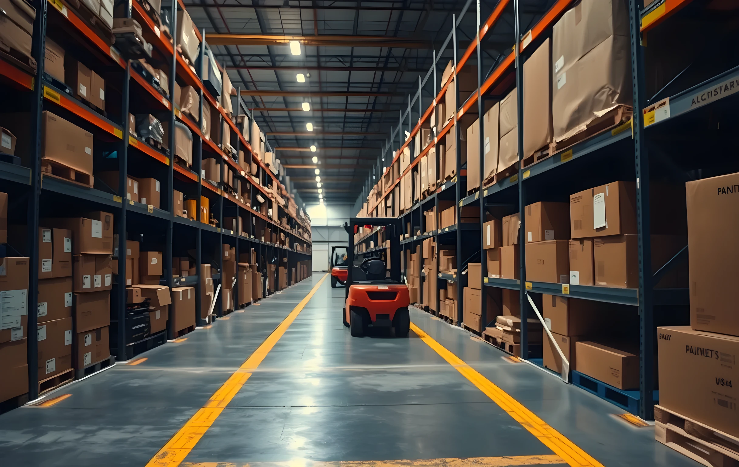 A wide-angle view down a long warehouse aisle at a fulfillment center, rows of industrial steel shelving stocked with mixed cardboard product boxes in varying sizes, warm amber overhead lighting casting long shadows on a polished concrete floor marked with faded yellow lane lines, a parked forklift visible far down the aisle, the perspective drawing the eye deep into the space, no people in frame, no text or signage visible
