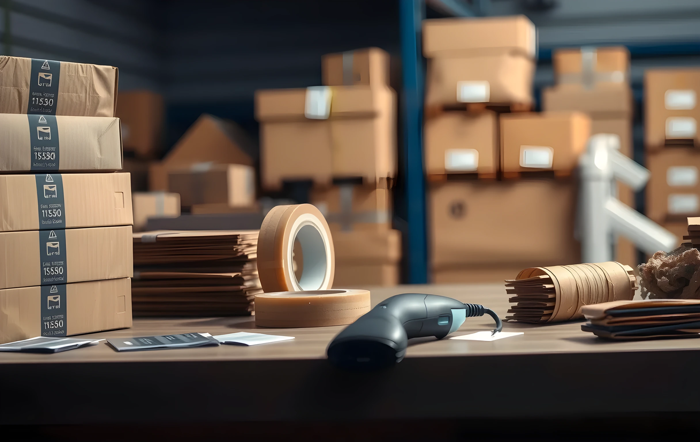 A medium-close view of a packing station workbench made of dark wood, a neat stack of flat kraft shipping boxes on the left, a roll of brown packing tape and a coiled bundle of strapping band on the right, a small handheld barcode scanner resting flat on the bench surface, scattered pieces of corrugated cardboard and a few product packaging inserts nearby, warm directional light from above creating soft shadows, no hands, no faces, no readable text or labels
