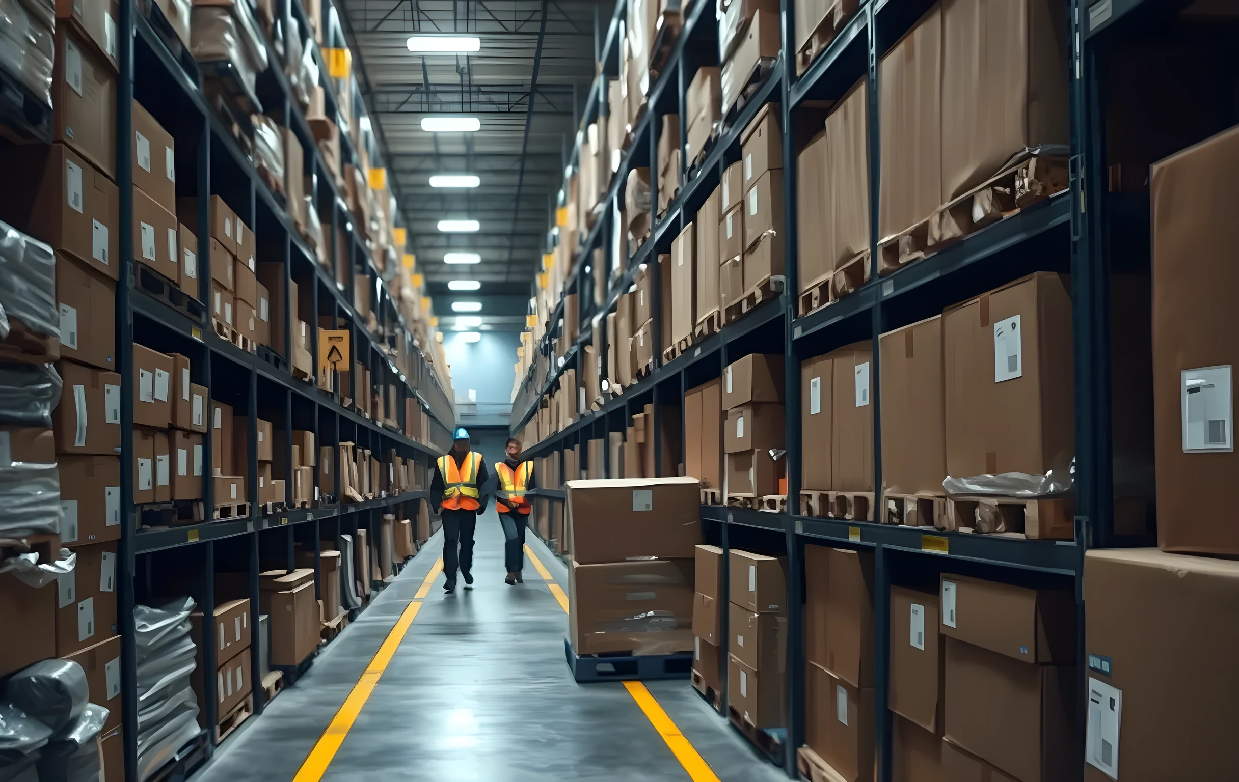 A wide-angle view down a long warehouse aisle lined with steel shelving stacked floor to ceiling with brown cardboard boxes of varying sizes, some shrink-wrapped, some open showing product inserts and foam padding. Fluorescent lighting casts a cool white glow over the scene. In the far background, two workers in hi-vis vests walk between pallets, small against the towering shelves. The aisle floor is polished concrete with painted yellow lane markings