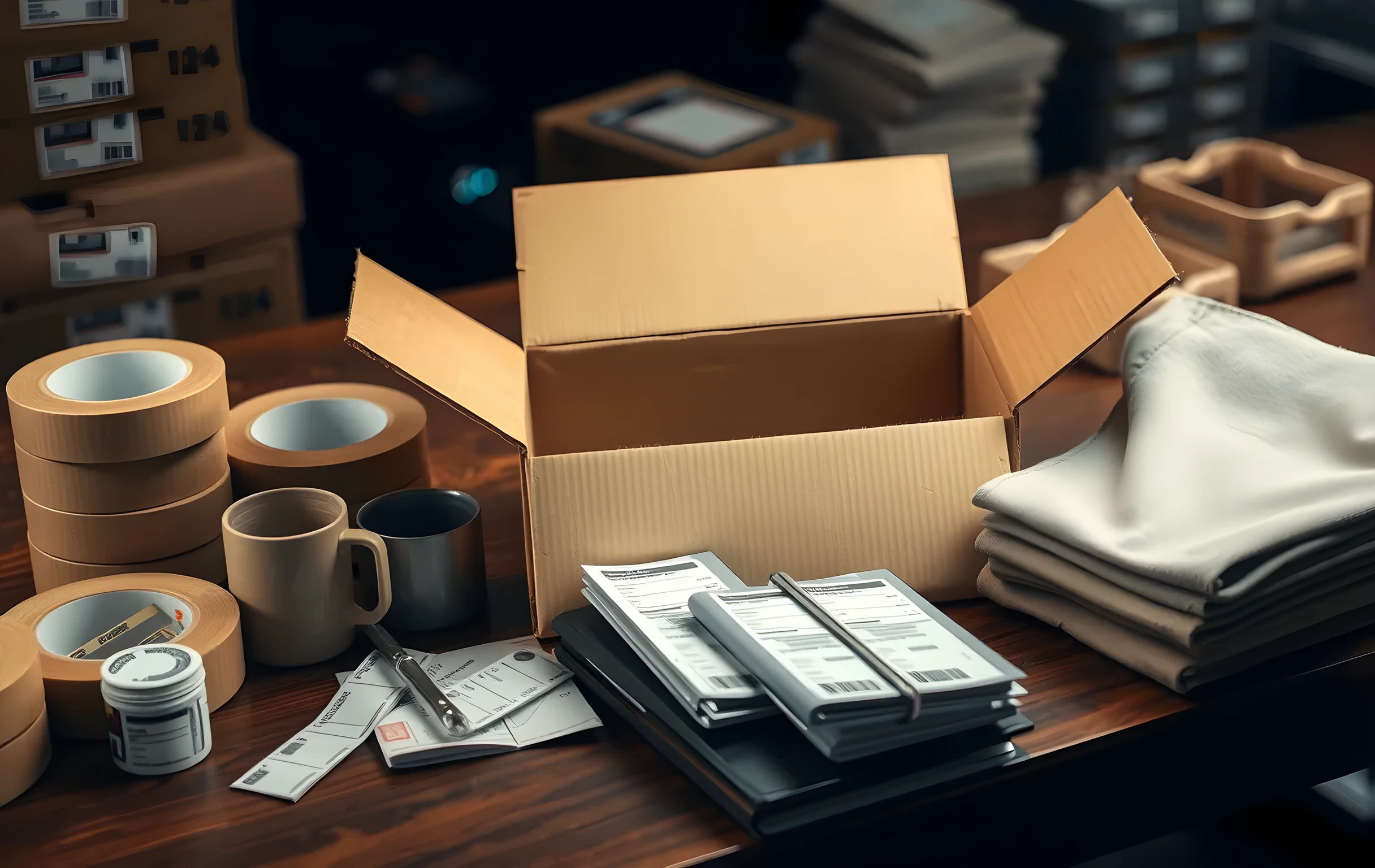 A close detail of a packing station workbench where a single open cardboard box sits half-taped, surrounded by rolls of brown packing tape, a small stack of pre-printed barcode shipping labels fanned out, and three product samples arranged neatly beside the box: a ceramic mug, a folded cotton tote, and a small aluminum water bottle. A thick ring-binder catalog with a fabric spine leans against the edge of the bench. Warm overhead task lighting from above creates soft shadows around each object