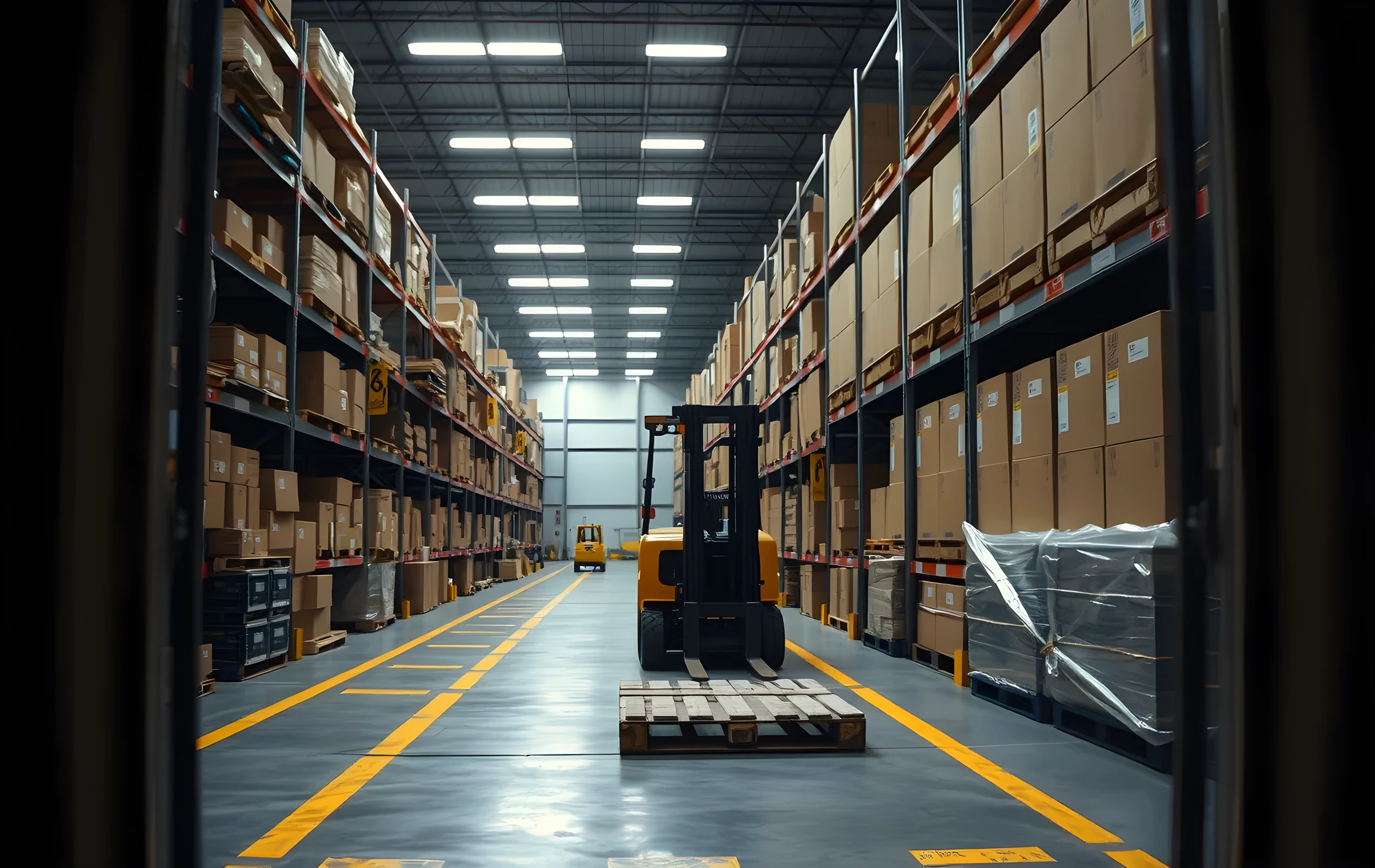 A long warehouse aisle stretching into soft focus under rows of warm fluorescent tube lighting, tall galvanized steel shelving units loaded floor to ceiling with neatly stacked cardboard boxes in three or four sizes, a yellow forklift parked at the far end of the aisle with its mast raised, painted lane lines and safety markings on the polished concrete floor, a few pallets wrapped in clear stretch film sitting on the ground near the shelving, no people visible, no readable text or labels, muted industrial color palette of steel gray, cardboard tan, and safety yellow
