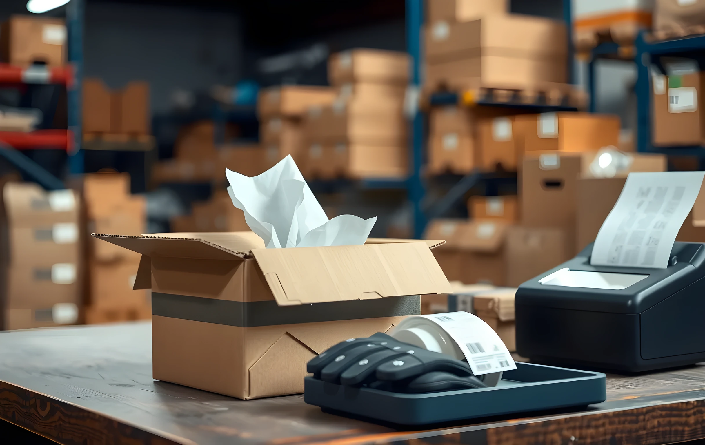 A close view of a packing station workbench at eye level, a half-assembled corrugated shoebox with white tissue paper crumpled inside, a roll of brown kraft paper tape standing upright in its metal dispenser, a neat stack of pre-cut poly mailers fanned slightly, a small thermal label printer with its lid open, a pair of sturdy work gloves folded at the edge of the bench, a few small rectangular adhesive stickers waiting on a tray, the background softly blurred showing more shelving and boxes, no people, no readable text or logos, warm workshop lighting from above