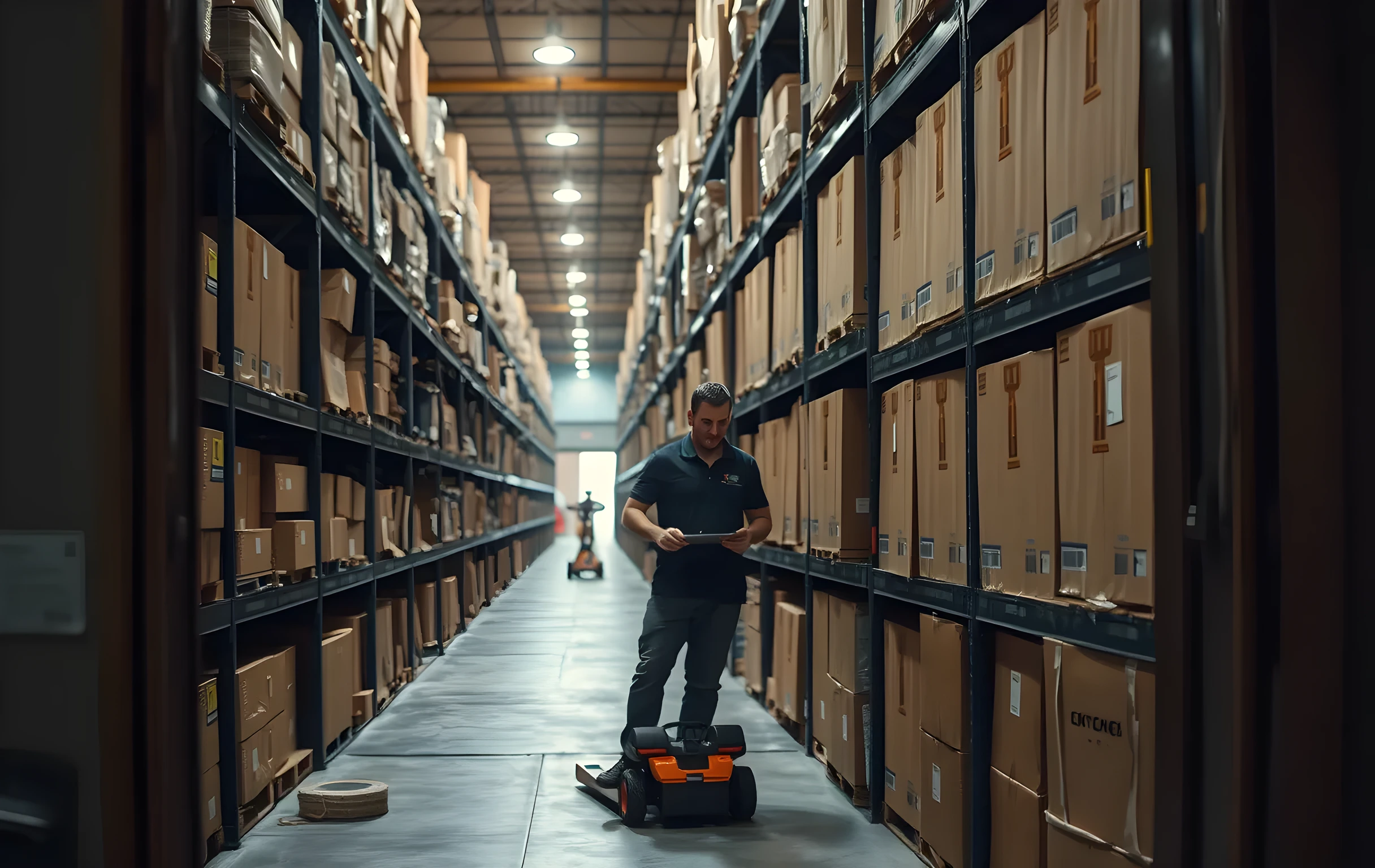 A long warehouse aisle receding into warm overhead lighting, rows of corrugated shipping boxes stacked three-high on steel shelving units, each box sealed with tan packing tape and bearing a small rectangular barcode sticker on its side, a worker in a navy polo shirt visible at medium distance near the far end of the aisle organizing inventory on a pallet jack, scattered rubber bands and a coiled roll of strapping tape on the concrete floor