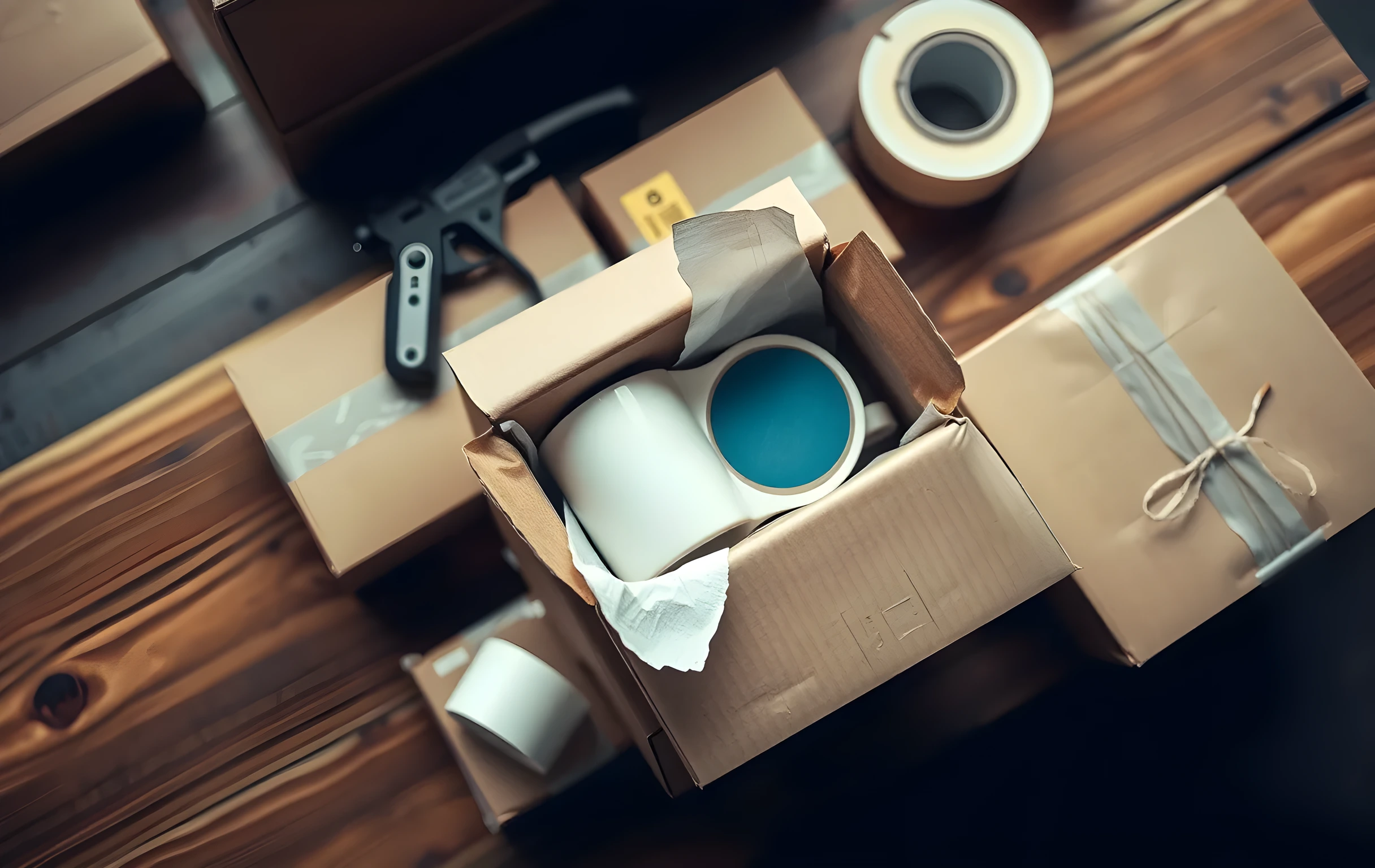 A tight cluster of five or six product boxes arranged on a wooden packing station bench, one box open with tissue paper cradling a ceramic mug, another sealed with a round shipping label sticker in muted blue, a heavy-duty tape gun resting across the top, a small stack of blank barcode label rolls and a pair of wire cutters beside them, soft directional light from above casting short shadows, warm wood grain texture visible on the bench surface