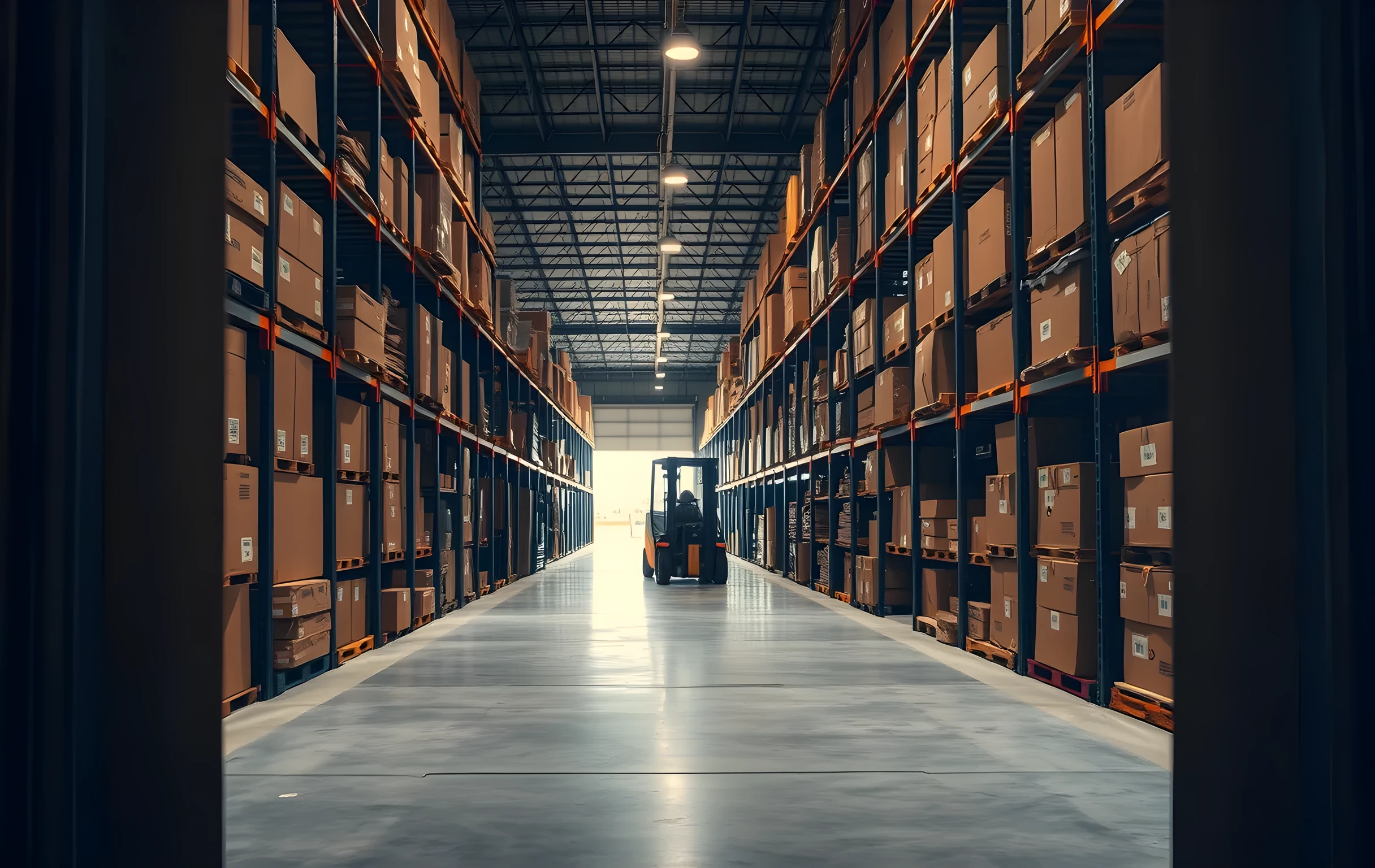 A wide-angle view down a long warehouse aisle lined with tall metal shelving units stacked to the ceiling with uniform brown shipping boxes of varying sizes, some with visible barcode strips and packing tape, warm overhead industrial lighting casting soft shadows along the concrete floor, a forklift parked at medium distance near the end of the aisle, no people in close view, clean organized retail-fulfillment environment
