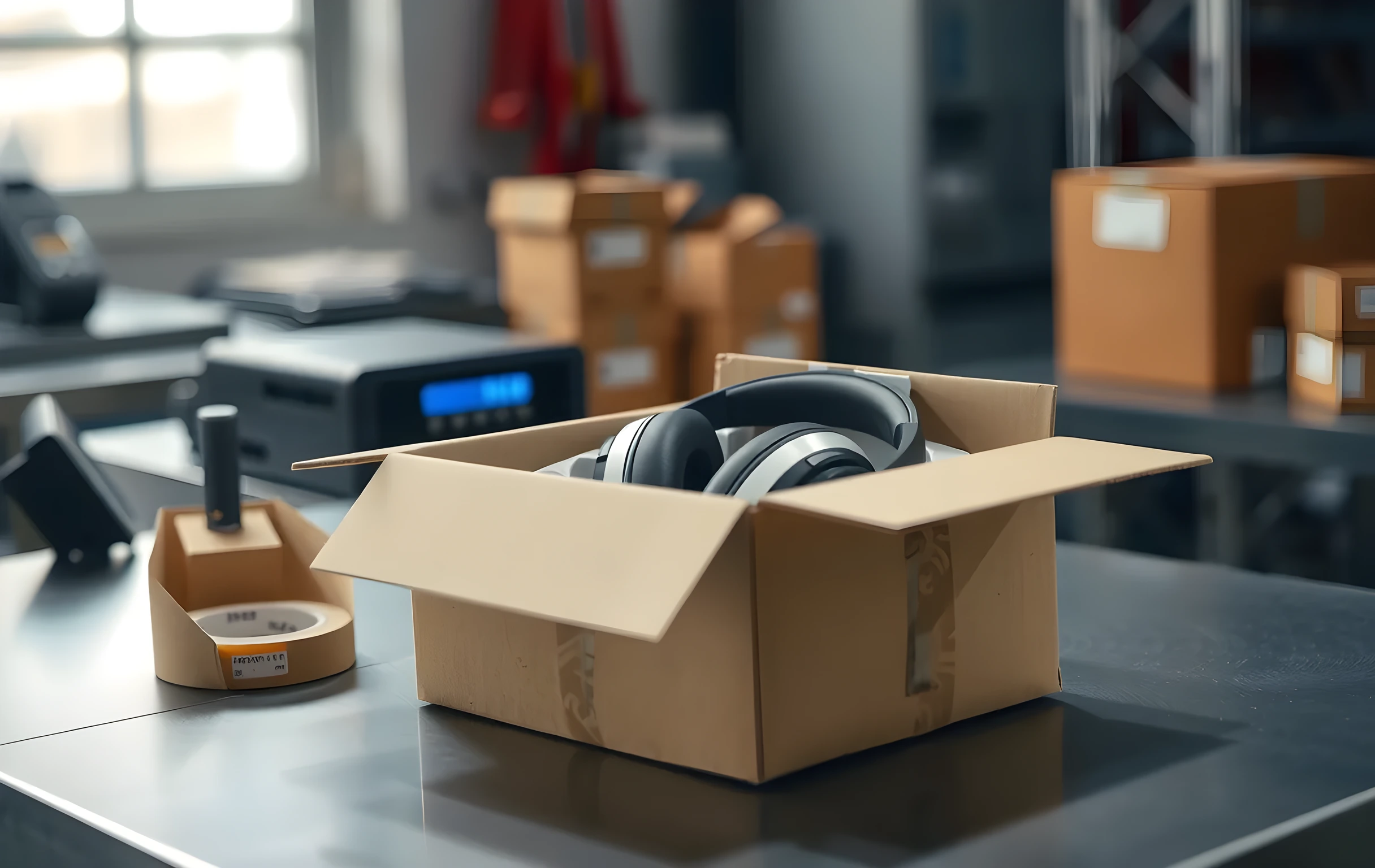 A close detail shot of a single open cardboard shipping box on a stainless-steel packing station bench, inside the box is a neatly wrapped pair of wireless headphones nestled in molded pulp packaging beside a small rolled paper insert, a roll of kraft packing tape and a thermal label printer sit just out of focus at the edge of the frame, soft diffused workshop lighting, shallow depth of field isolating the product packaging