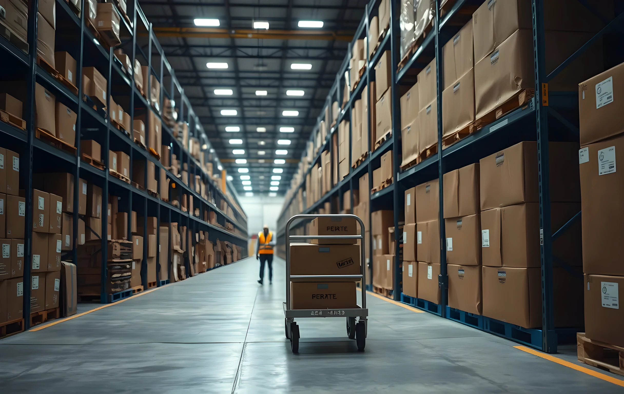 A long concrete-floored warehouse aisle stretching into soft focus, flanked by tall industrial steel shelving units stacked floor to ceiling with uniform brown cardboard shipping boxes in three or four sizes, a single worker in a hi-vis vest visible far down the aisle pushing a metal rolling cart loaded with parcels, even fluorescent overhead lighting casting a cool white glow across the scene, no readable text anywhere on any surface