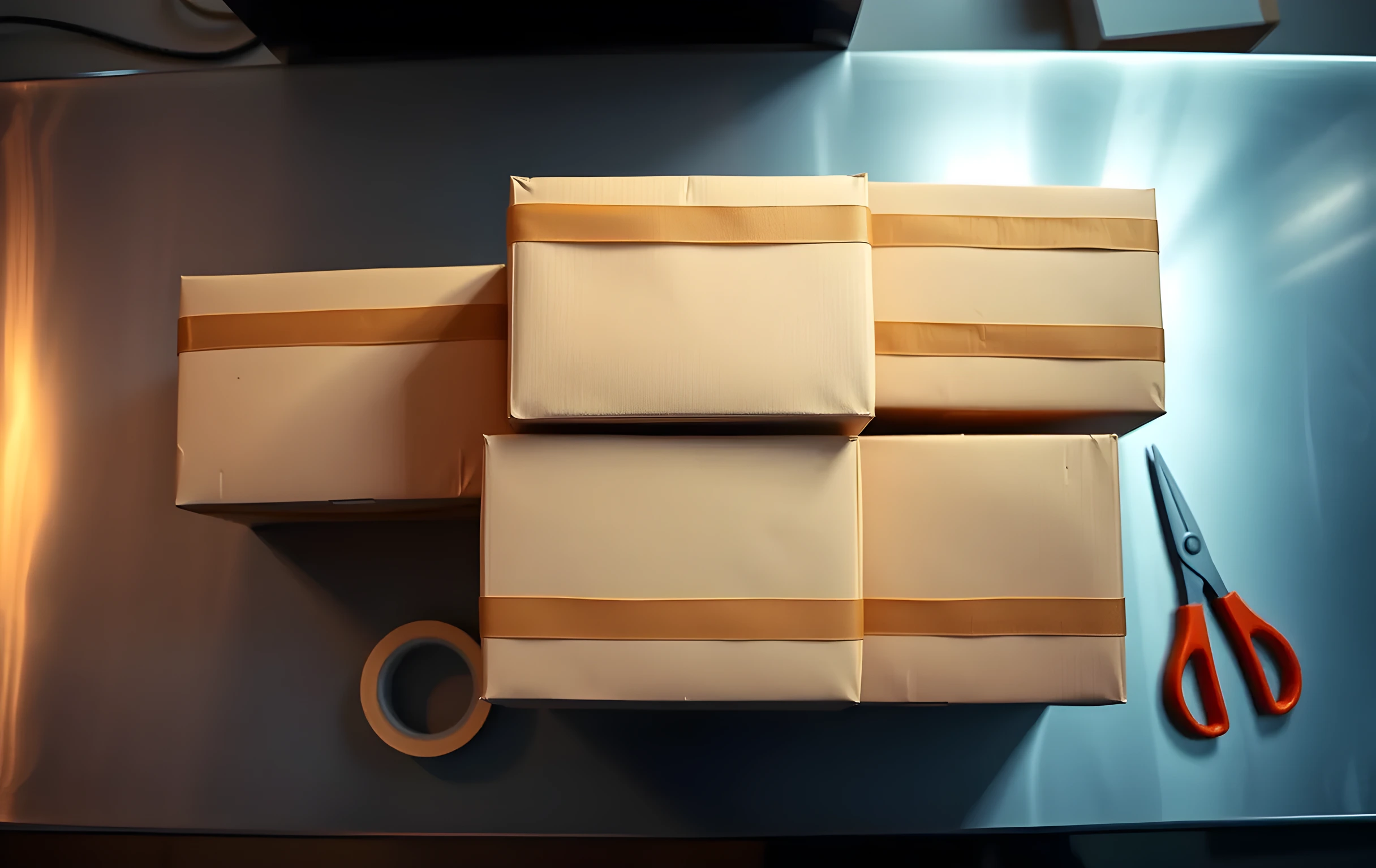 A close arrangement of five sealed brown corrugated shipping boxes clustered on a brushed-steel packing station table, each box sealed with a thin strip of tan packing tape along one seam and bearing a small rectangular white adhesive patch near the top edge, a roll of clear packing tape and a pair of metal snips resting beside the boxes, warm directional overhead light creating long soft shadows in the gaps between the stacked boxes, no text or lettering visible on any surface